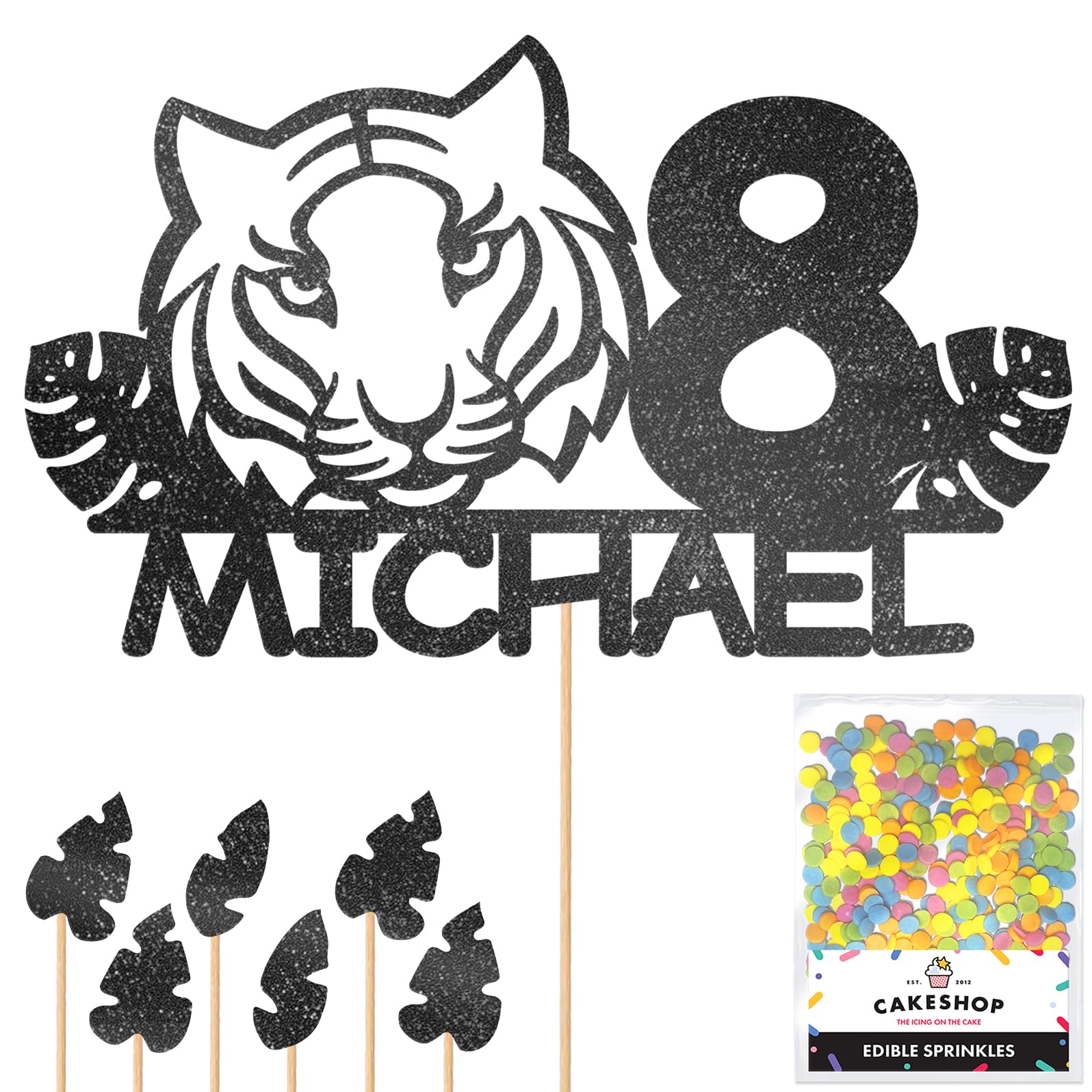 Personalised Birthday Jungle Tiger Glitter Cake Topper- Black Any Custom Age & Name Glitter Cake Decoration and Sprinkles - Happy Birthday Decorations - Personalised Toppers for Cakes by Cakeshop