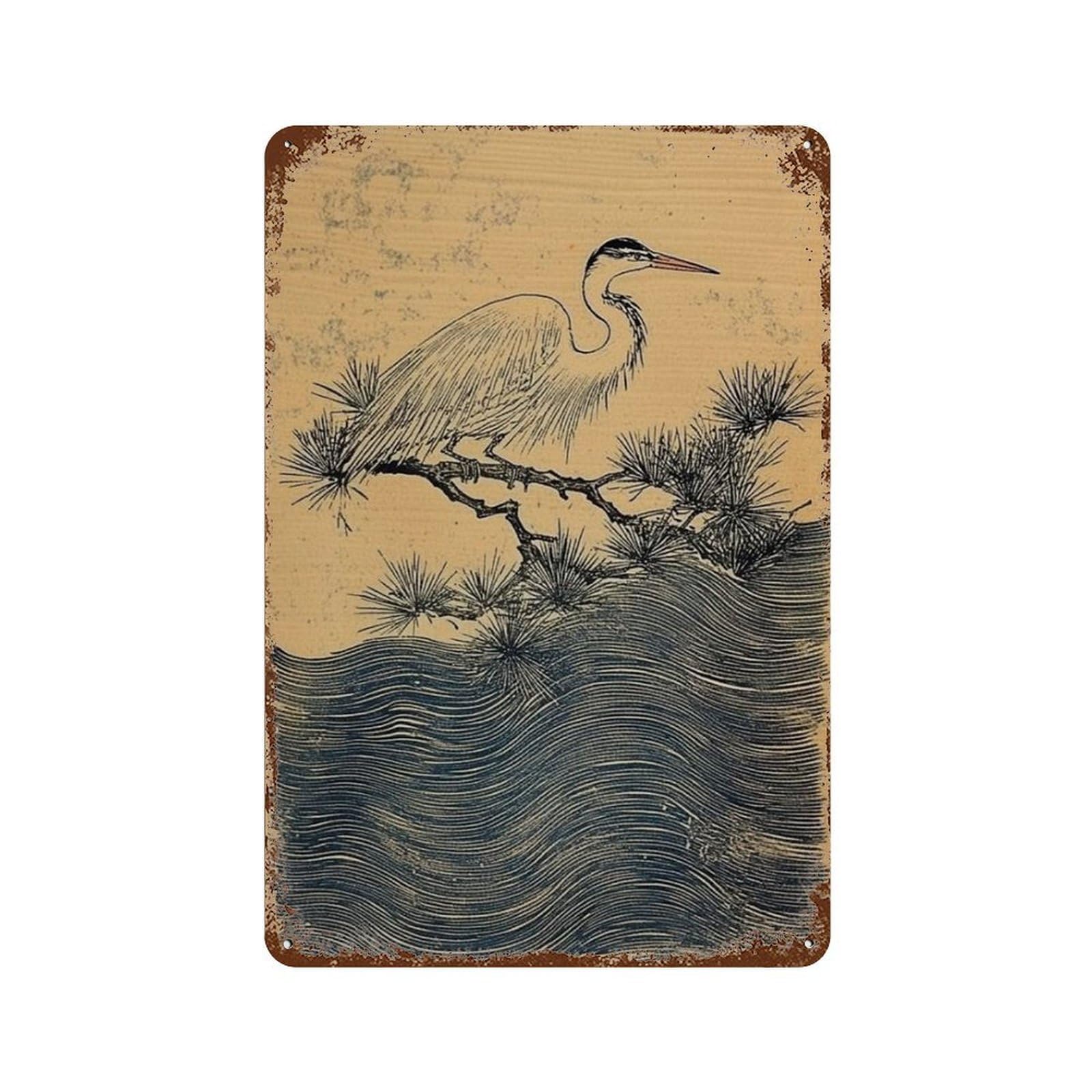 xiaoxiaoshen Japanese Heron Ink Style Bird Minimalist Nature Asian Botanical Woodblock Wall Decor Art Metal Tin Poster Modern Home Decor Art Home Bar Shop Decorations Vintage Sign 30x20cm