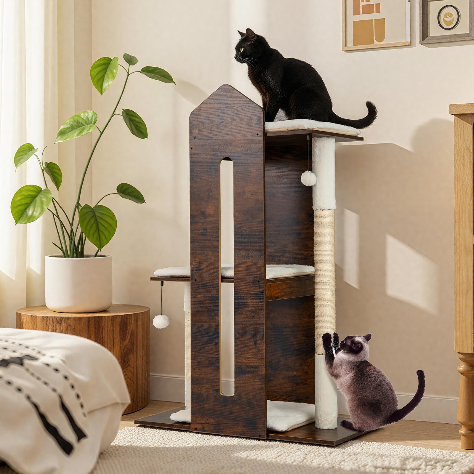 COSTWAY Albero per Gatti Alto 120 cm, Tiragraffi per Gattini in Legno con Posti Graffianti in Sisal, Palline Pendenti, Cuscini Morbidi e Piazzola, Tiragraffi Gatto per Arrampicata