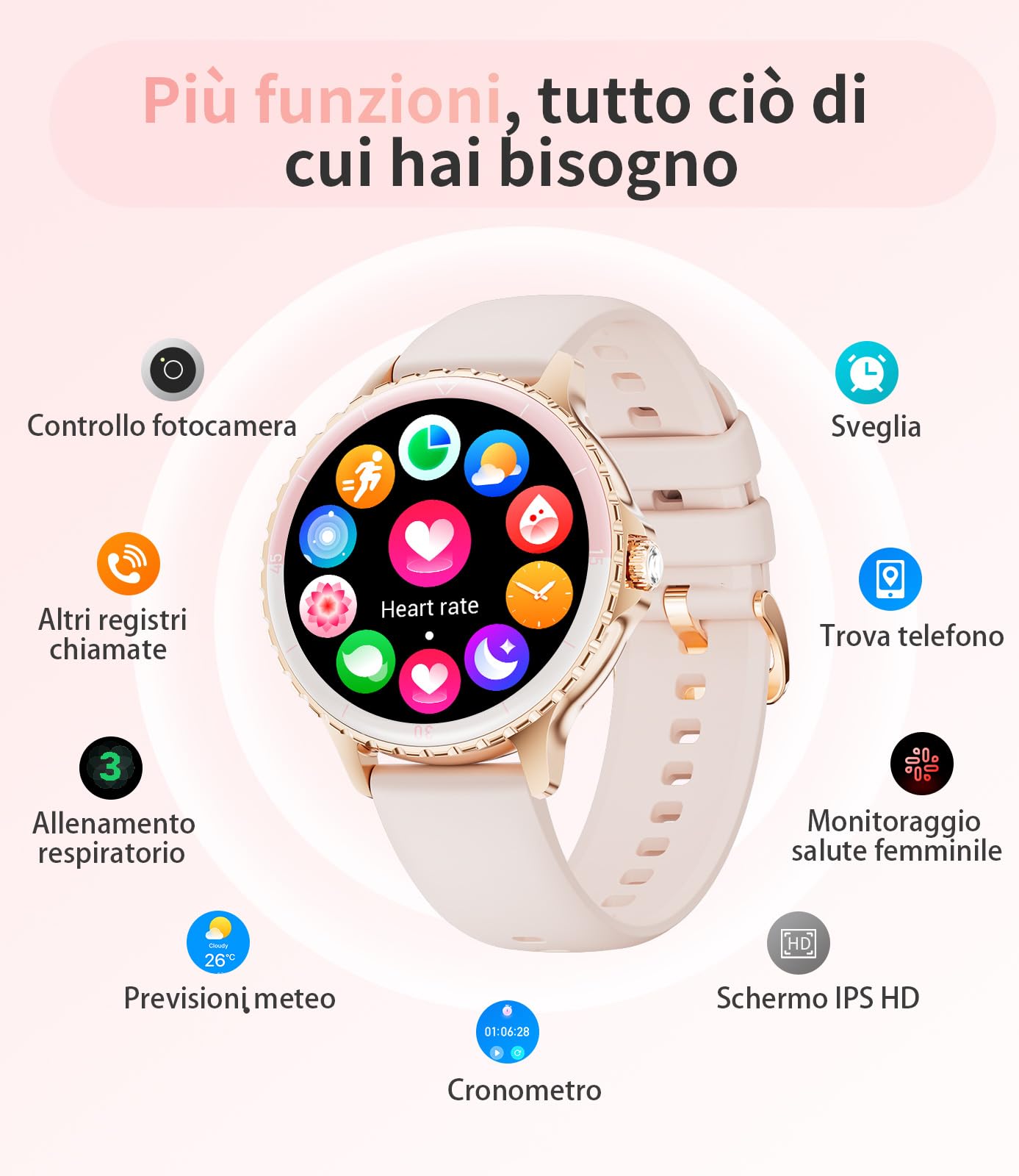 LIGE Smartwatch per Donna, Chiamata Telefonica, 1,27 Pollici HD, Rotondo, Elegante, Oro Rosa, Acciaio Inossidabile, Diamante, Smartwatch Donna, per Android iOS, 100+ Modalità Sportive, Frequenza
