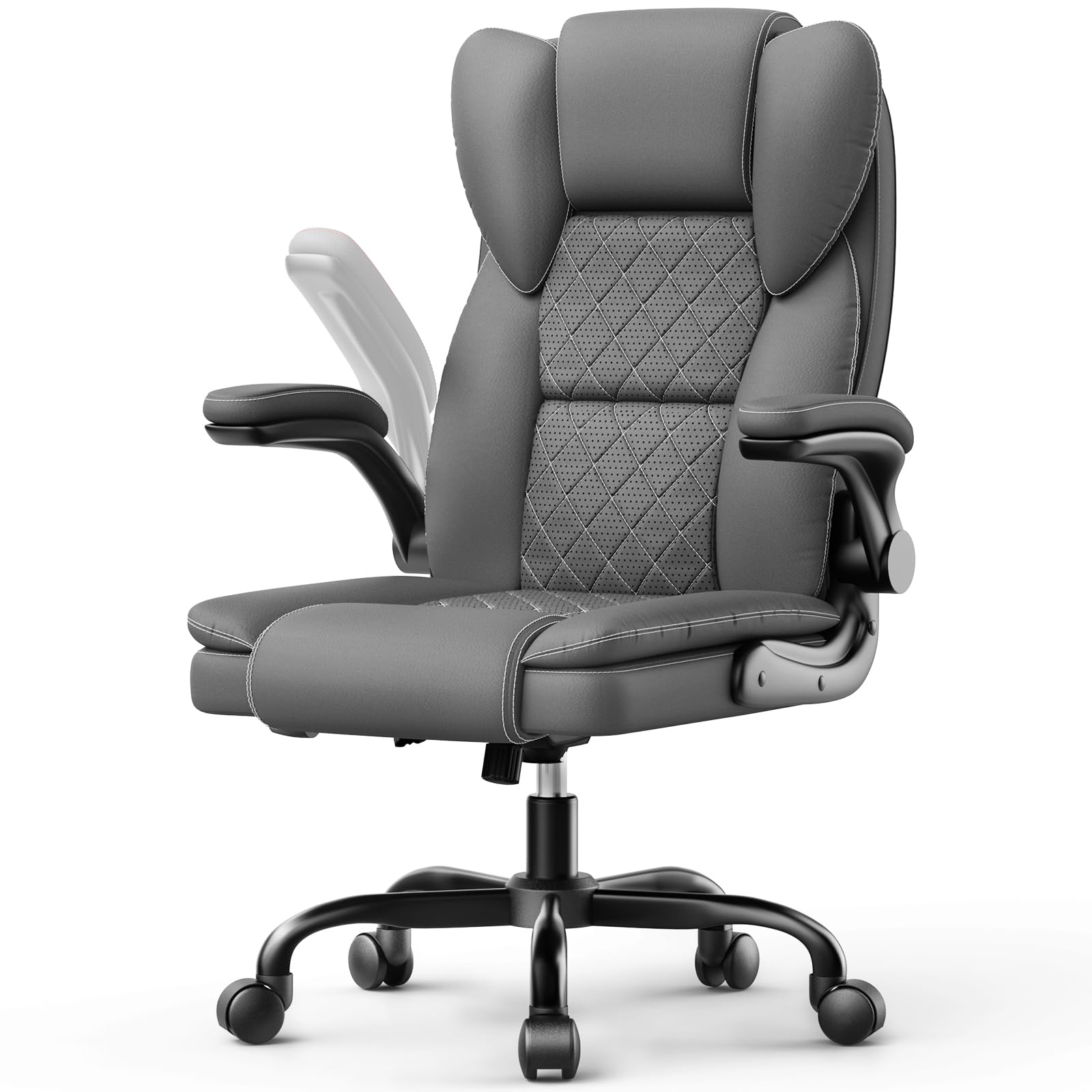 Desk Chair-Big Tall Ergonomic Office Chair with Adjustable Lumbar Support, Comfy PU Leather Flip-up Armrests Executive Computer Recliner, High Heavy Duty Home Office Gray Swivel Work Study Chair