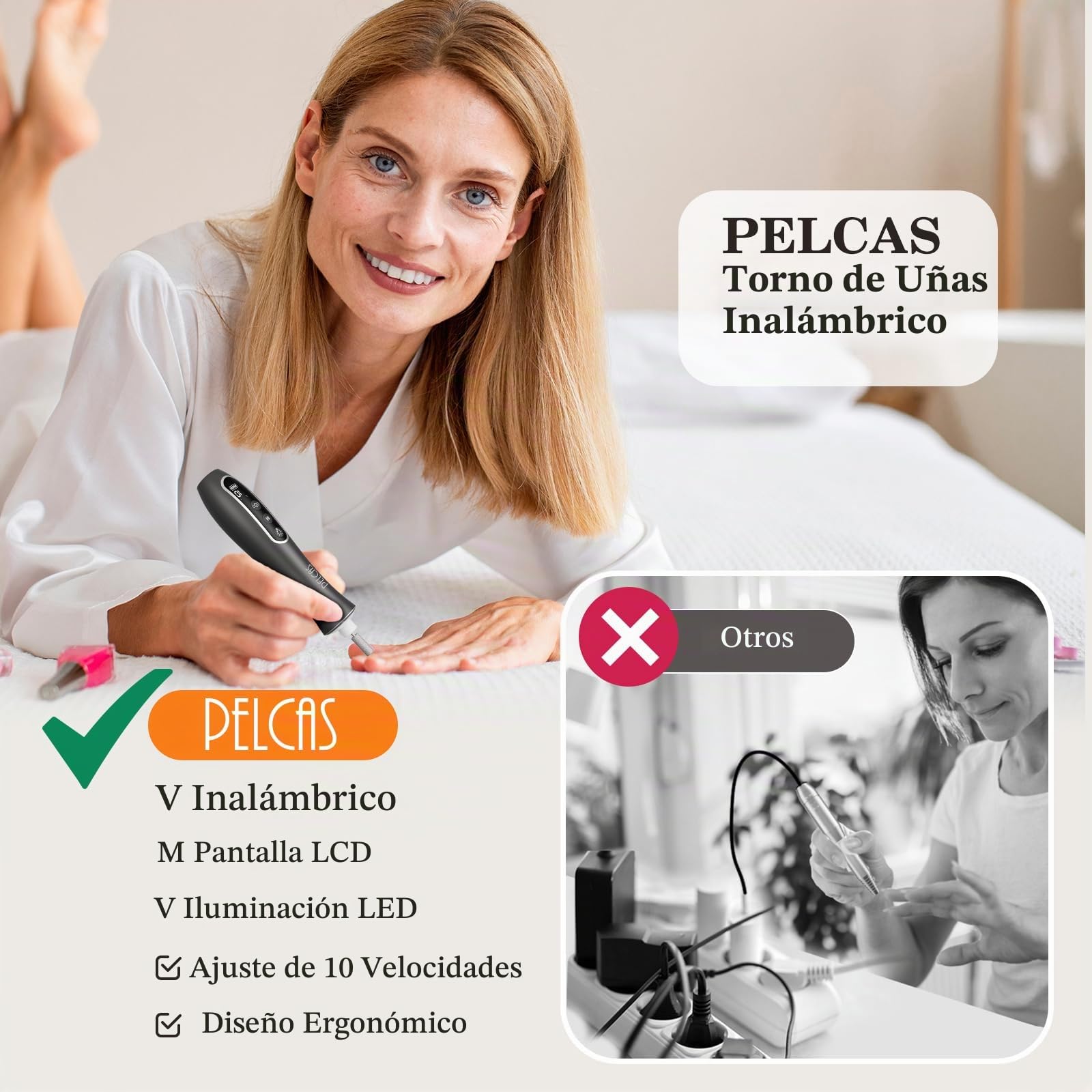 PELCAS Torno para Uñas 10 velocidades Torno para Uñas Profesional Inalámbrico con Pantalla LCD y Luz LED Lima Eléctricas Uñas Recargables Set de Manicura y Pedicura para Salón DIY