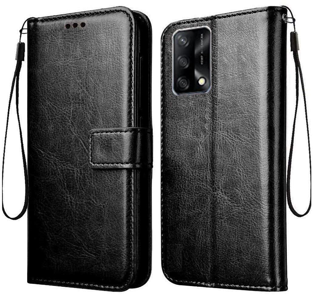 Frazil Vintage Leather Finish Flip Cover for Oppo F19/F19s | Inside Pockets & Inbuilt Stand | Wallet Style Back Case | Magnet Closure (Black)
