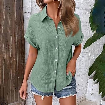 Blouses for Women Dressy Casual Collared Button Down Shirts Roll Short Sleeve Tops Loose Tunic Summer Work Shirt