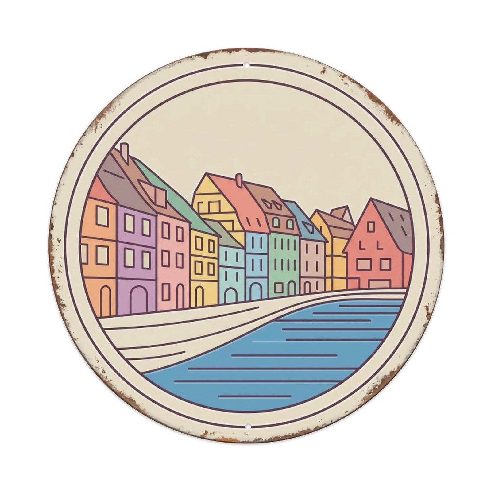 Colmar Streamline Houses Travel Metal Tin Sign Plaque Wall Decor for Cafe, Club, Garden Round Metal Poster 8x8Inch