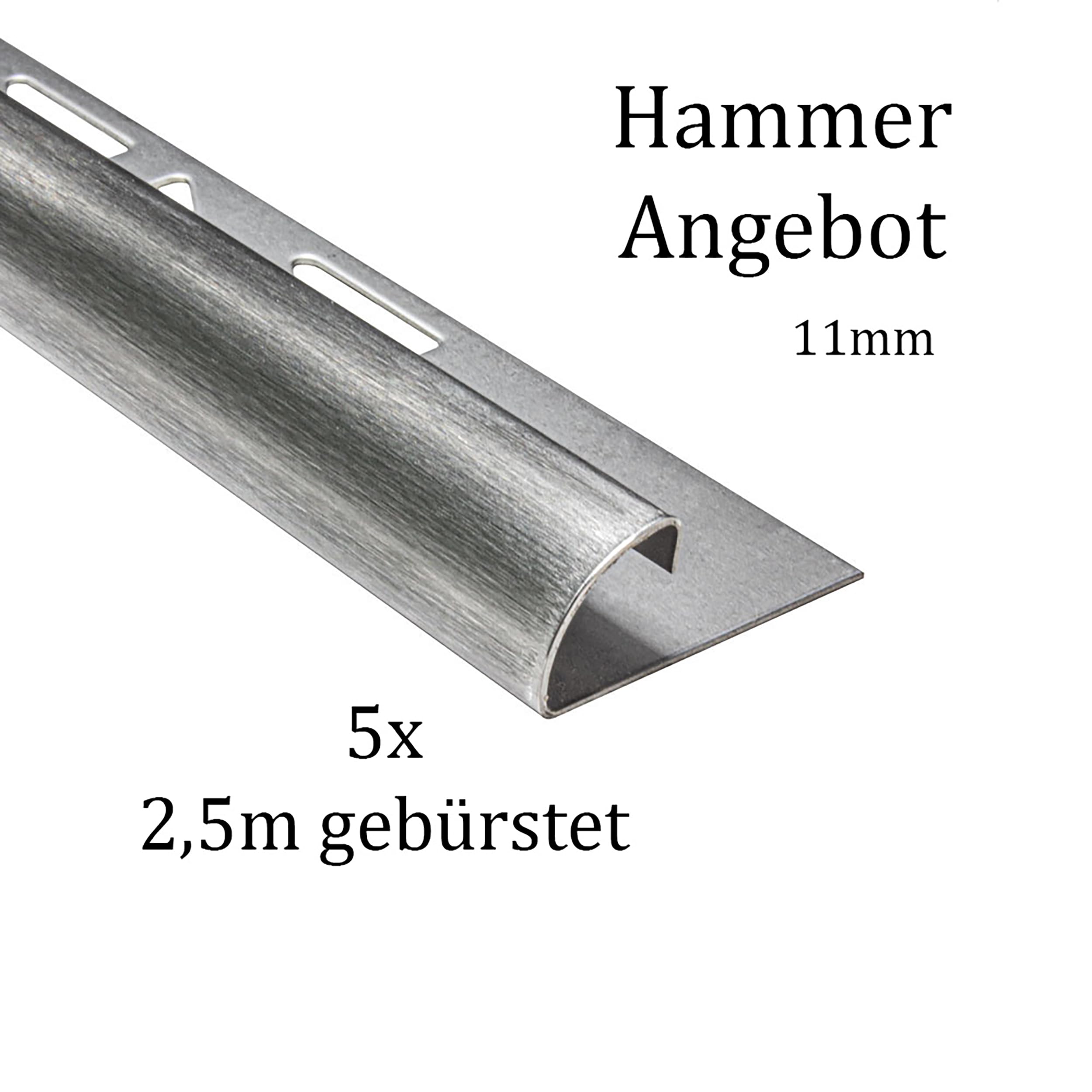 5x Viertelkreis Edelstahlschiene Fliesenschiene Fliesenprofil 11mm 2,5m | Für weiche Kantenübergänge und geschützte Fliesenaußenecken, für 11mm Fliesenhöhe, 2,5m, Edelstahl, gebürstet, silber