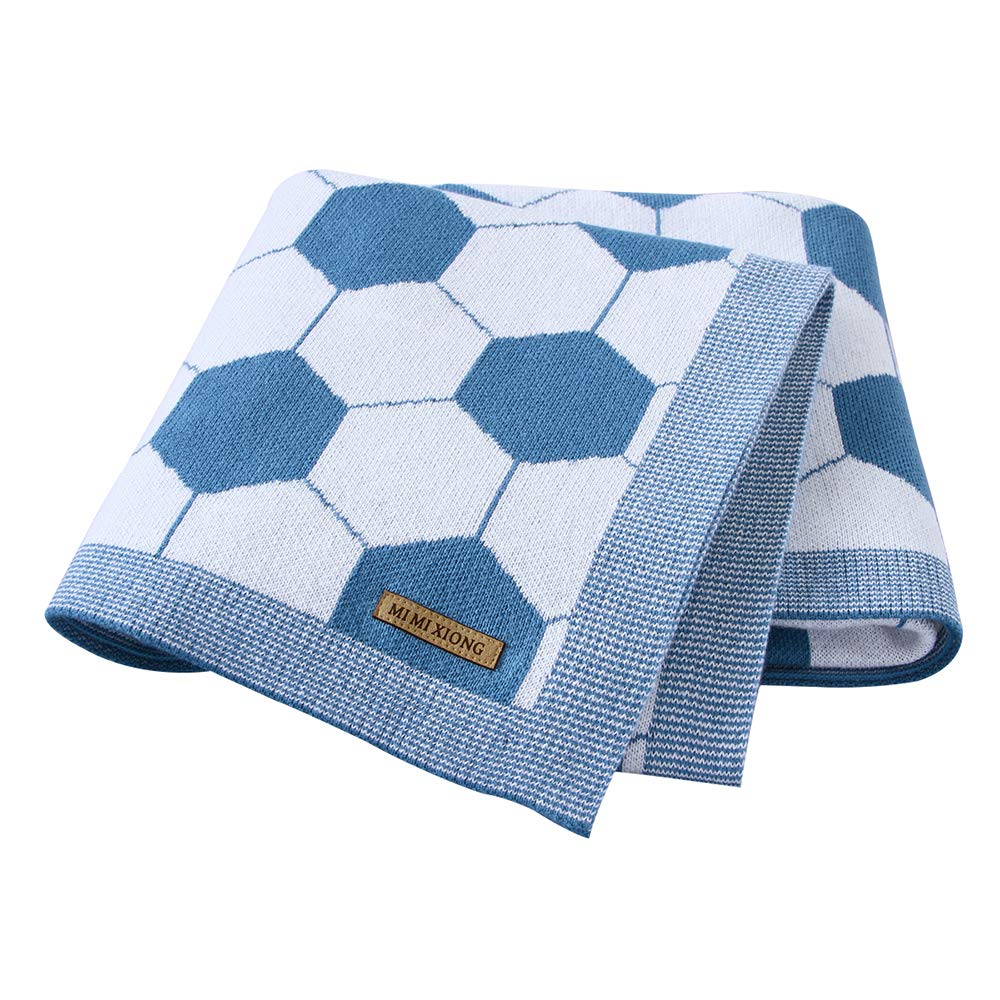 Baby Blanket Knit Toddler Blankets, Ouduo Newborn Football Print Soft Touch Swaddle Sleeping Crochet Stroller Swaddle Throw Blanket for Boys and Girls Unisex Gift Cot Car Seat (100x80cm,Blue)