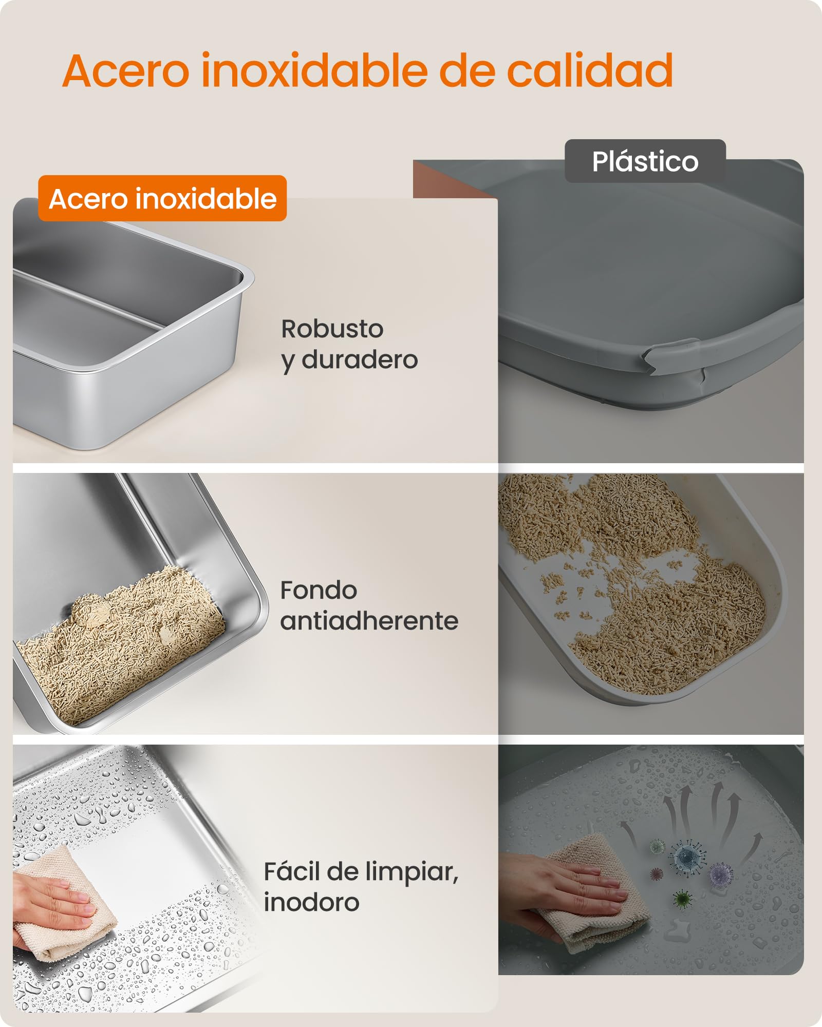 Feandrea Arenero para Gatos de Acero Inoxidable, Bandeja Alta con Apertura Superior, Escalón, Pala y Cepillo, para Gatos de hasta 15 kg, Gris Paloma PPT008GD01