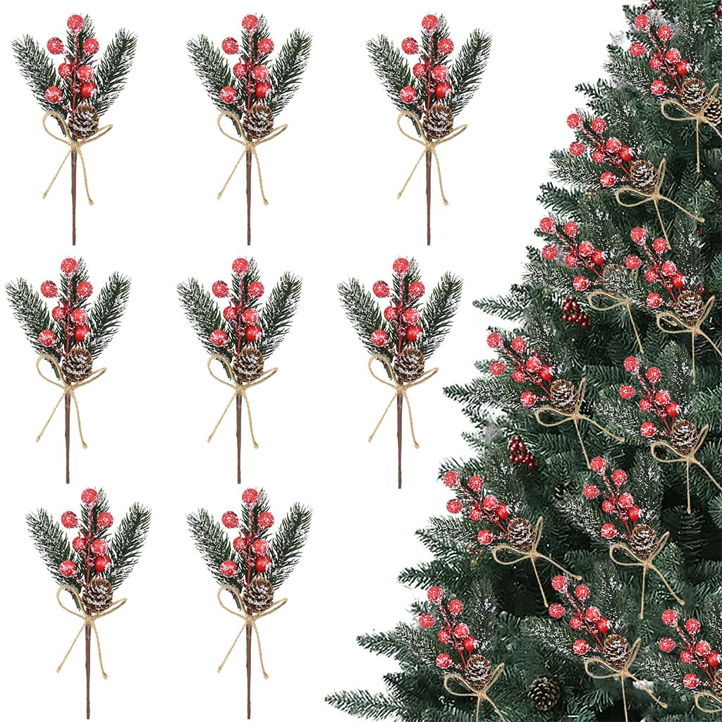 HASTHIP® 8PCS Artificial Christmas Floral Picks, Red Fake Berry Picks Stems, Pine Branches with Pinecones Holly Leaves for Vase Floral Arrangement Wreath Winter Holiday Season Decor Crafts