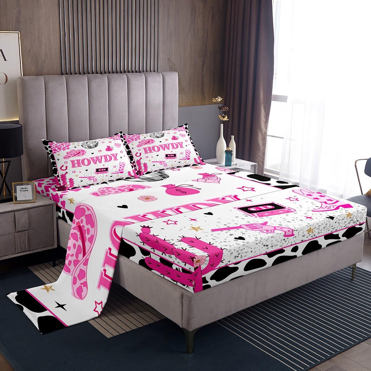 Manfei Western Cowgirls Sheet Twin Size Horseshoe Stars Cowboy Boot Cactus Bedding Set Girls Women Room Decor Cowhide