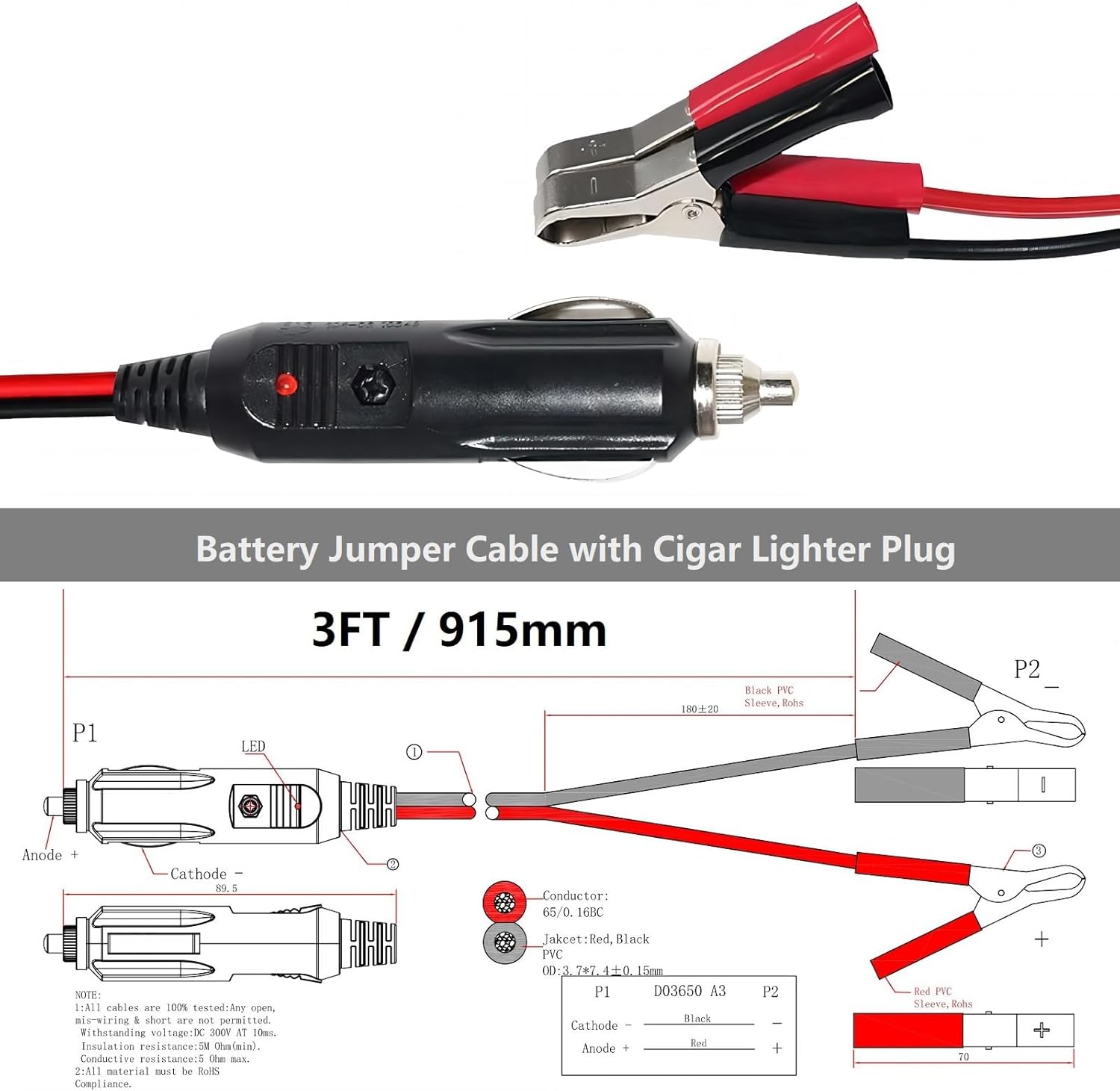 Alligator Clamp to Male Cigarette Lighter Extension Cable - 12V-24V Jumper Battery Charge Cord 3FT Automotive Electrical Clip-on Cable 16 AWG Heavy Duty 15A Fuse, with a Replacement 15A Fuse (1 Pack)
