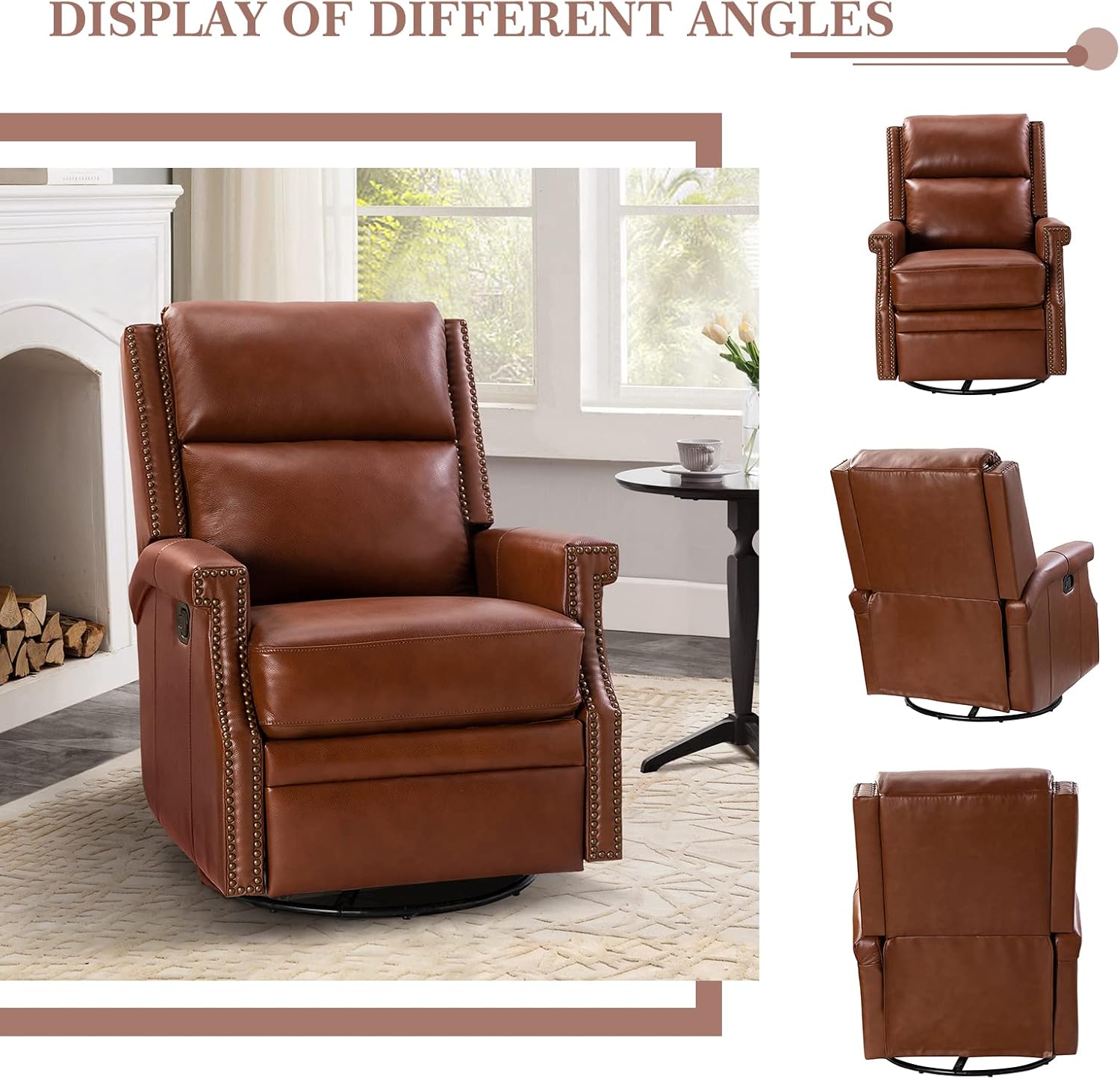 HULALA Home Genuine Leather Swivel Rocker Recliner Chair Set of 2 for Living Room,Manual Glider Recliner with Adjustable Backrest & Footrest,Modern Home Theater Sofa Armchair with Nailhead Trim,Brown
