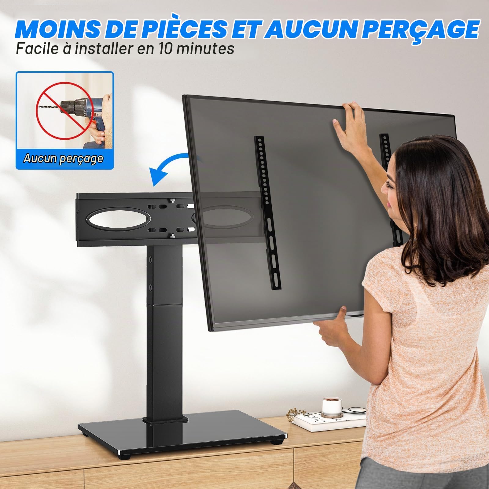 Support TV de Bureau 5Rcom pour Téléviseurs 32-70 Pouces, Capacité 40KG, Base en Verre Trempé Réglable en Hauteur, Support Universel pour Salon/Chambre, VESA Max 400x400mm