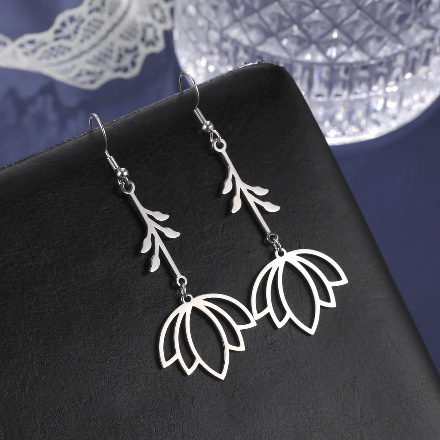 TEAMER Stainless Steel Lotus Flower Dangle Earrings Bohemian Drop Earring Unique Geometric Jewelry for Women - Image 5