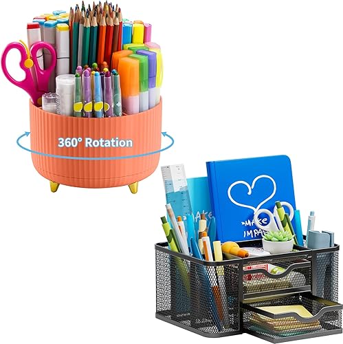 Marbrasse Soporte giratorio de 360 grados para escritorio + organizador de escritorio de malla con 2 cajones
