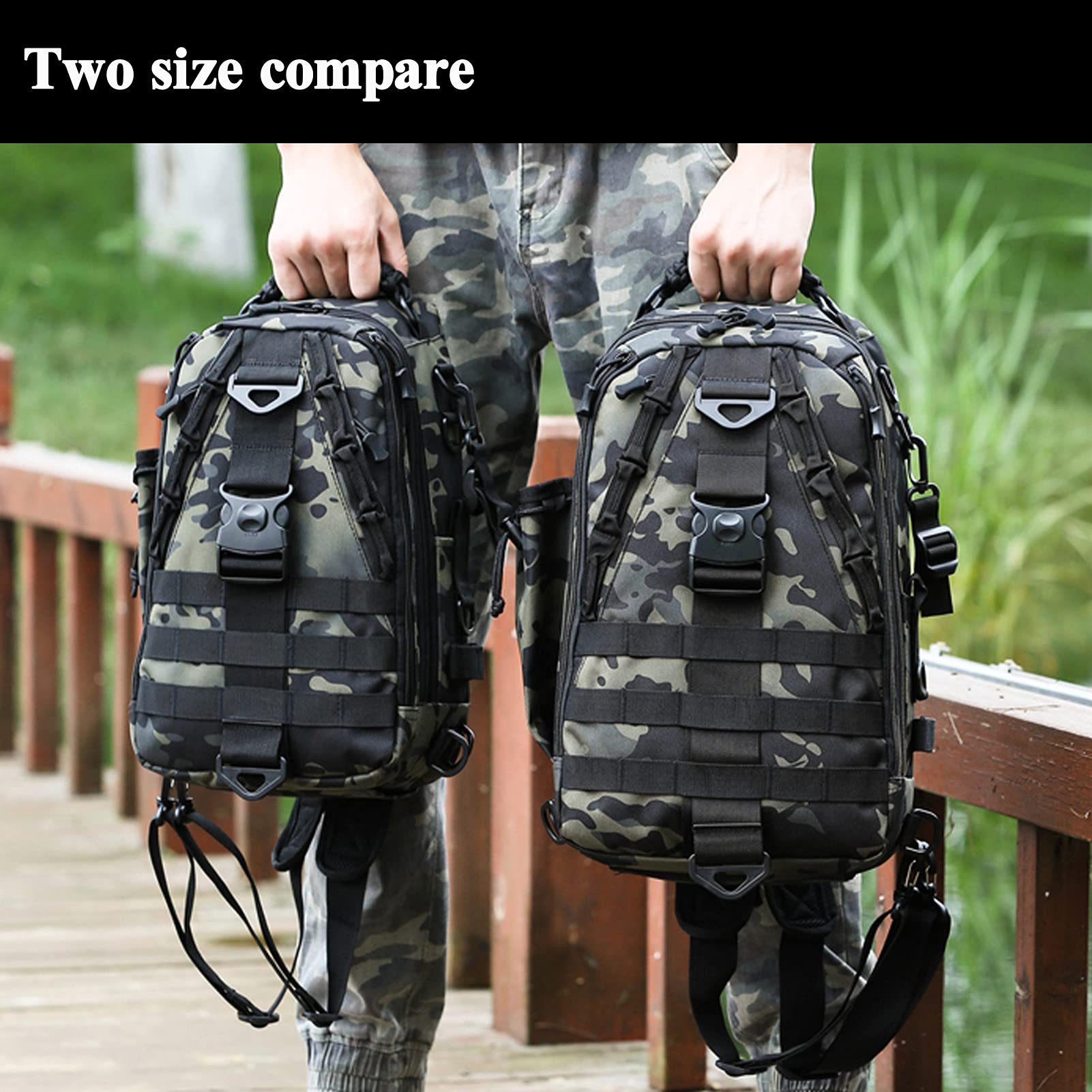 Mochila de almacenamiento para aparejos de pesca – Bolsas de pesca resistentes al agua al aire libre mochilas con correa de caña de pescar (grande (16.3412.95.71 cm) – camuflaje negro