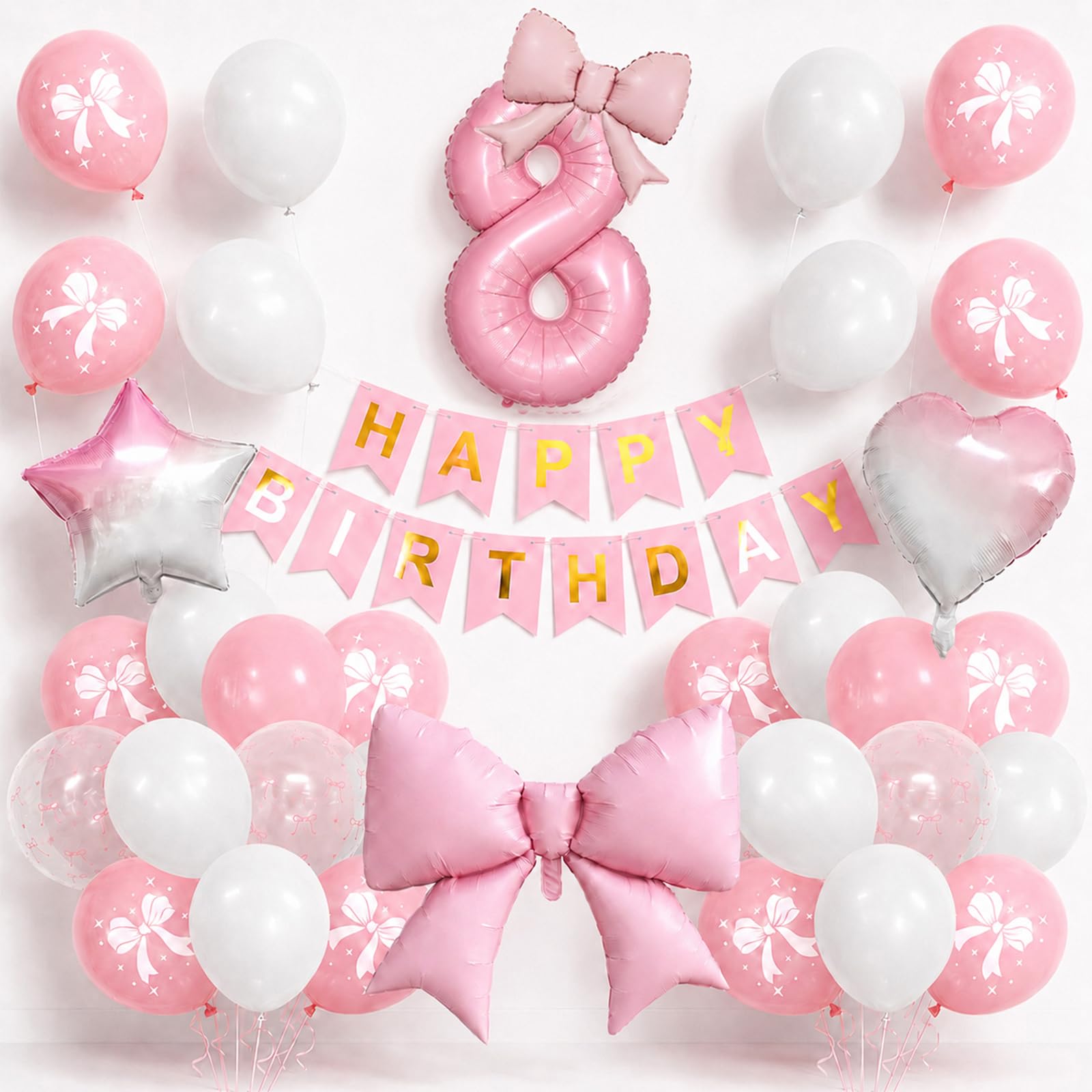 8th Birthday Decorations for Girls Pink Bow, Giant Bows Balloon Number 8