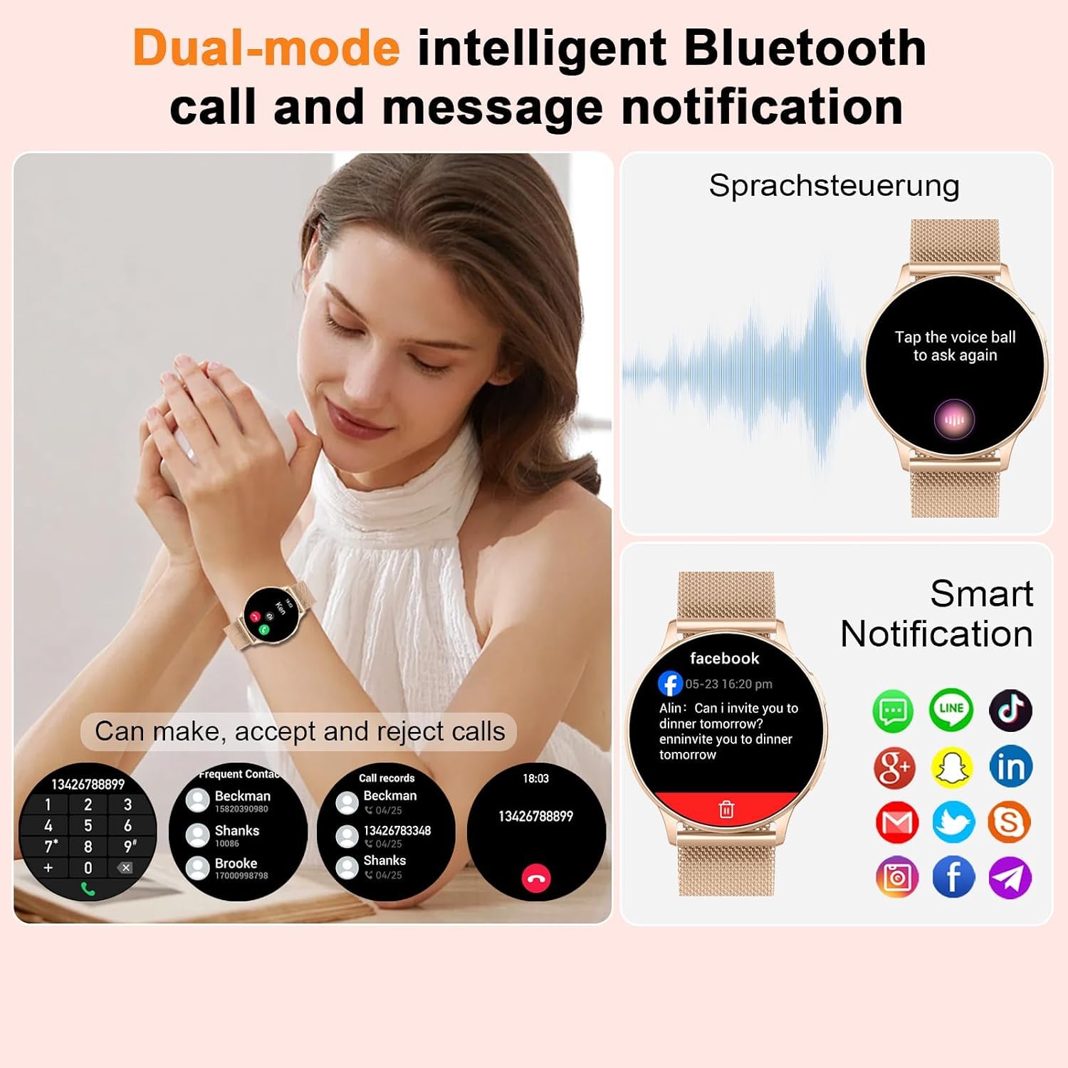 Reloj Inteligente Mujer, 1.32" AMOLED Smartwatch Mujer con Asistente de Voz, Monitor Sueño, Podómetro, Pulsómetro, 120+ Modos Deportivos Smart Watch con Llamadas y Notificación, IP68 para Android iOS