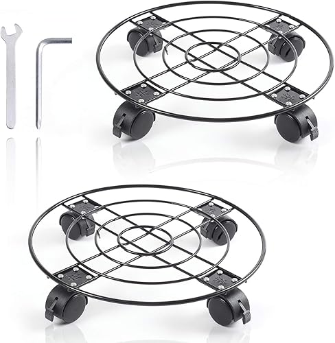 Paquete de 2 organizadores para plantas con ruedas, hierro de metal resistente, 13 pulgadas, color negro, capaz de soportar 164 libras, soporte para