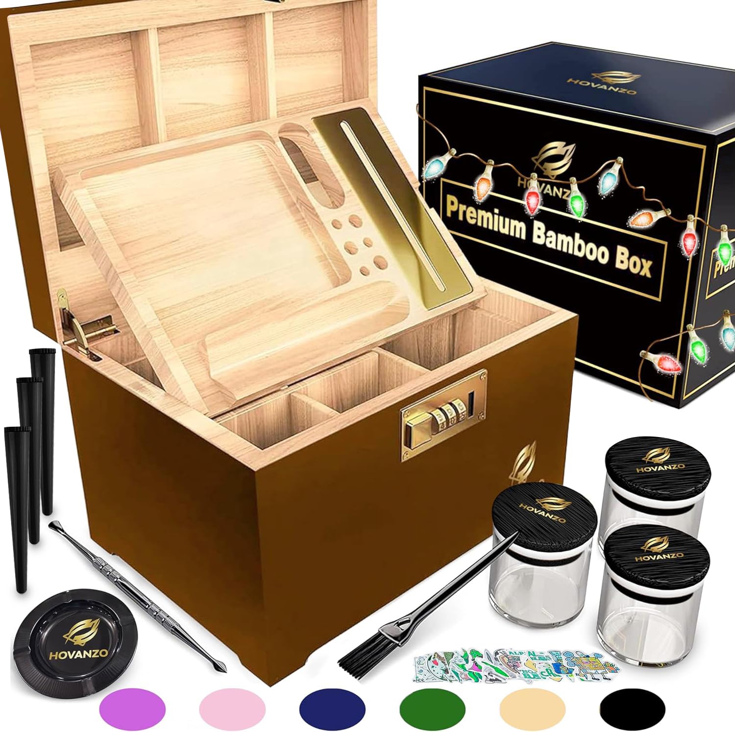 HOVANZO Premium Große Bambusbox - Verriegelung Aufbewahrung Dekorative Box mit Zahlenschloss - Aufbewahrungsbox Holz Verriegelung Aufbewahrungsbox mit Rolltablett - Aufbewahrung Holzkiste mit Zubehör