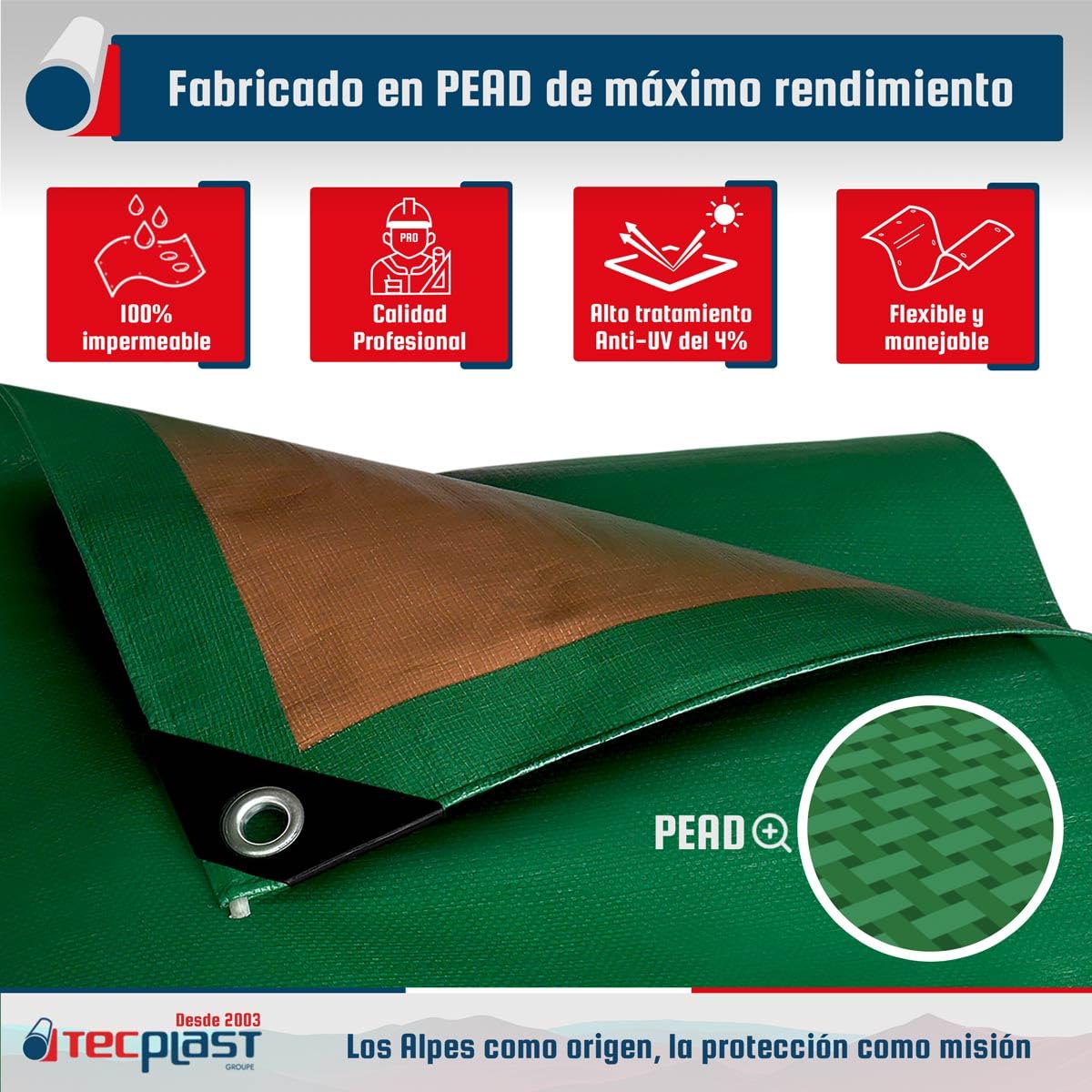 Lona para Techos 10x12 m - TECPLAST - HQ250TO - Verde y Marrón - Máximo Rendimiento - Lona Impermeable para Techadores y Carpinteros