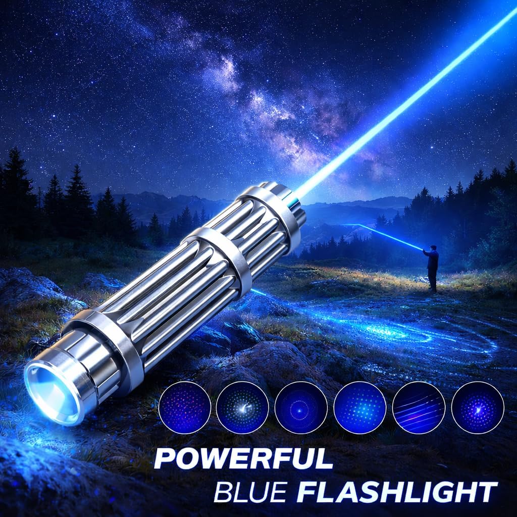 Blue Rechargeable LED Outdoor Flashlight, 6 Light Modes, Zoomable and Waterproof, Perfect for Camping, Hiking, and Fishing (Silver)