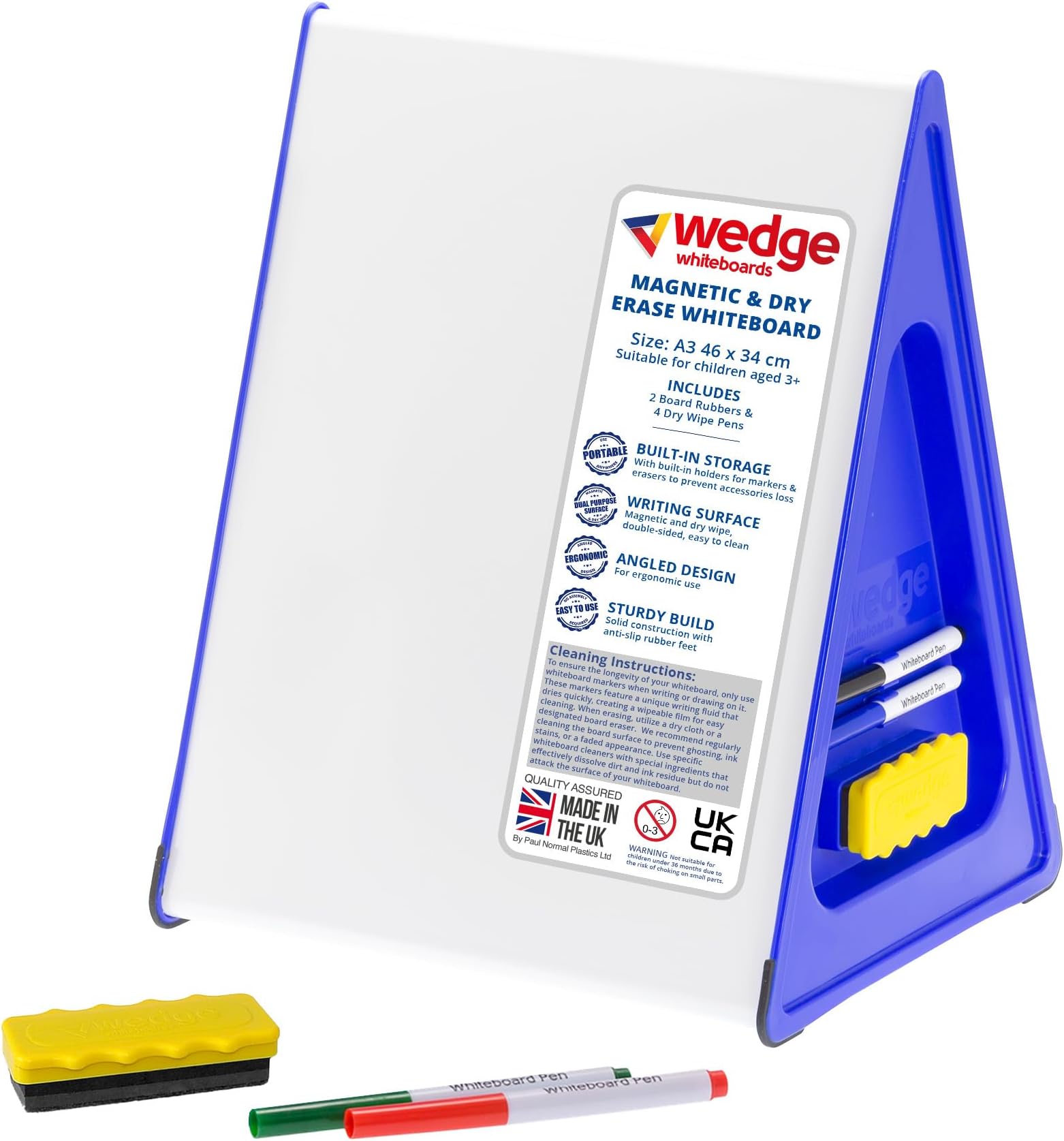 Wedge - Dry Erase Small Whiteboard A3 with Non-Slip Rubber Feet, Double Sided Magnetic Desktop White Board with 4 Pens, 2 Magnetic Erasers, Portable Writing Easel for Classroom & Home Ed Use (Blue)