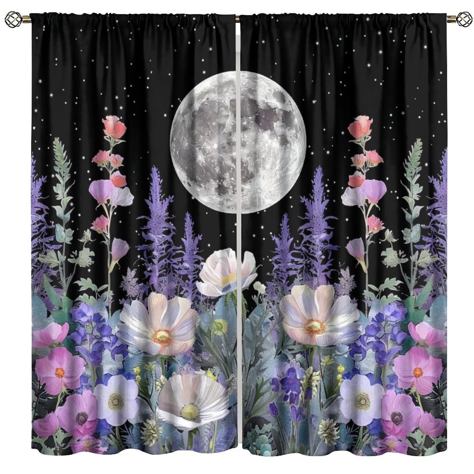 JADERYS Moon Blackout Curtains Witchy Moon Stars Rustic Wildflower Leaves Botanical Starry Sky Girls Women Bedroom Living Room Bathroom Rod Pocket