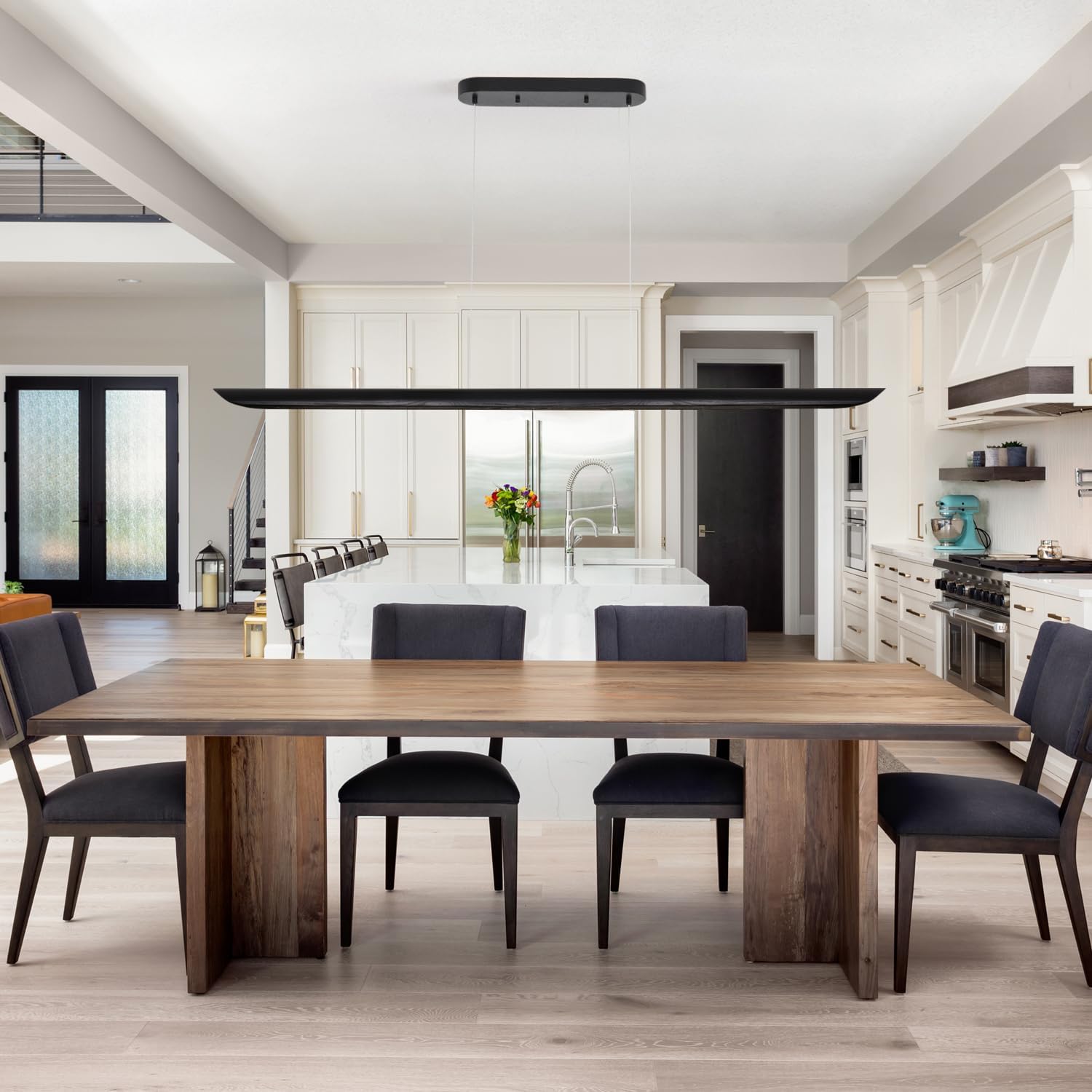 55" Modern LED Linear Pendant Light,Dimmable Kitchen Island Light 40W LED lsland Lights for Kitchen,Adjustable Linear Chandelier for Dinning Room Light Fixture, Bar, Pool Table Light Black Wood Finish