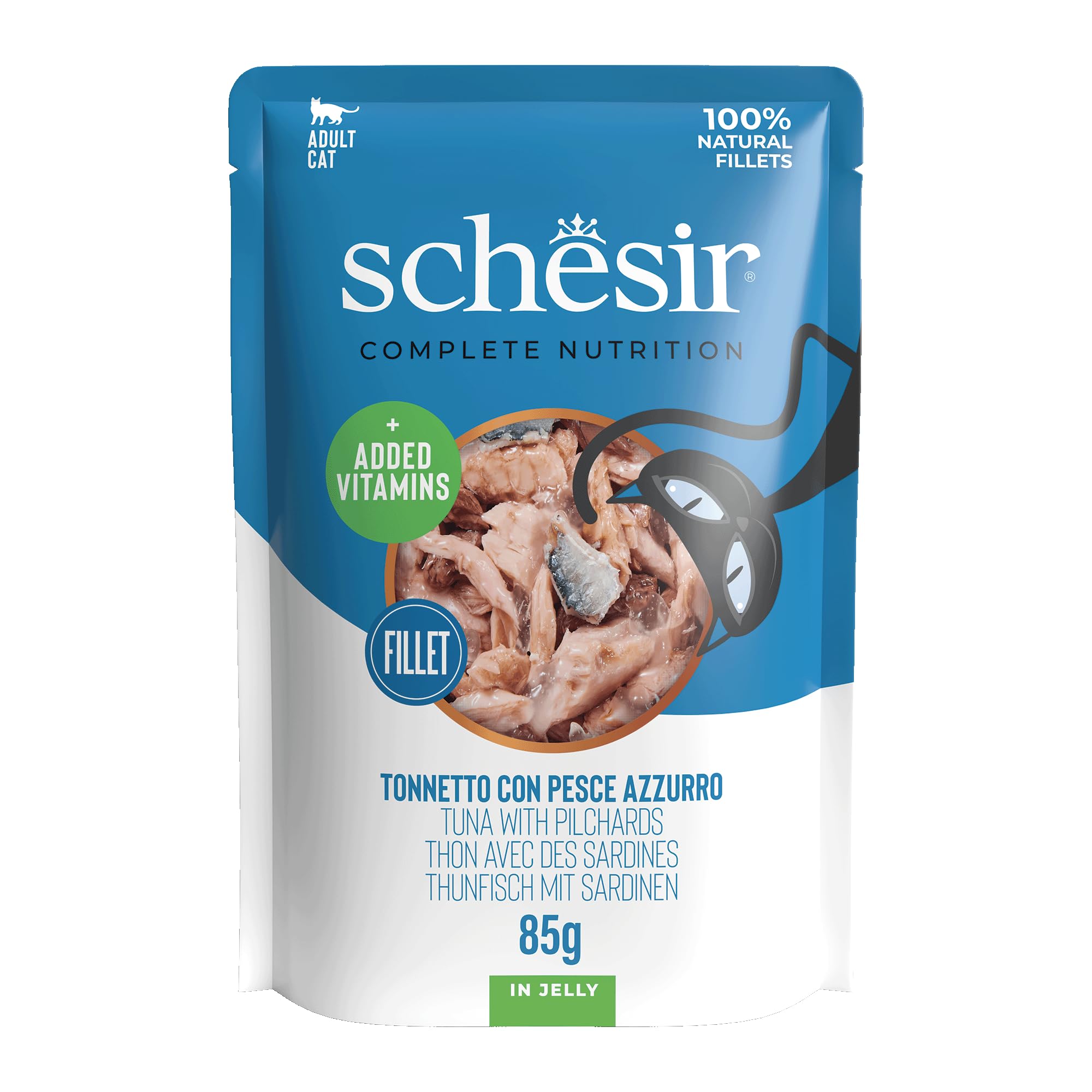 Schesir, Atún con Pescado Azul en gelatina, alimento húmedo Completo para Gatos, en Bolsa, con vitaminas añadidas, 100% Natural, 12 x 85 g