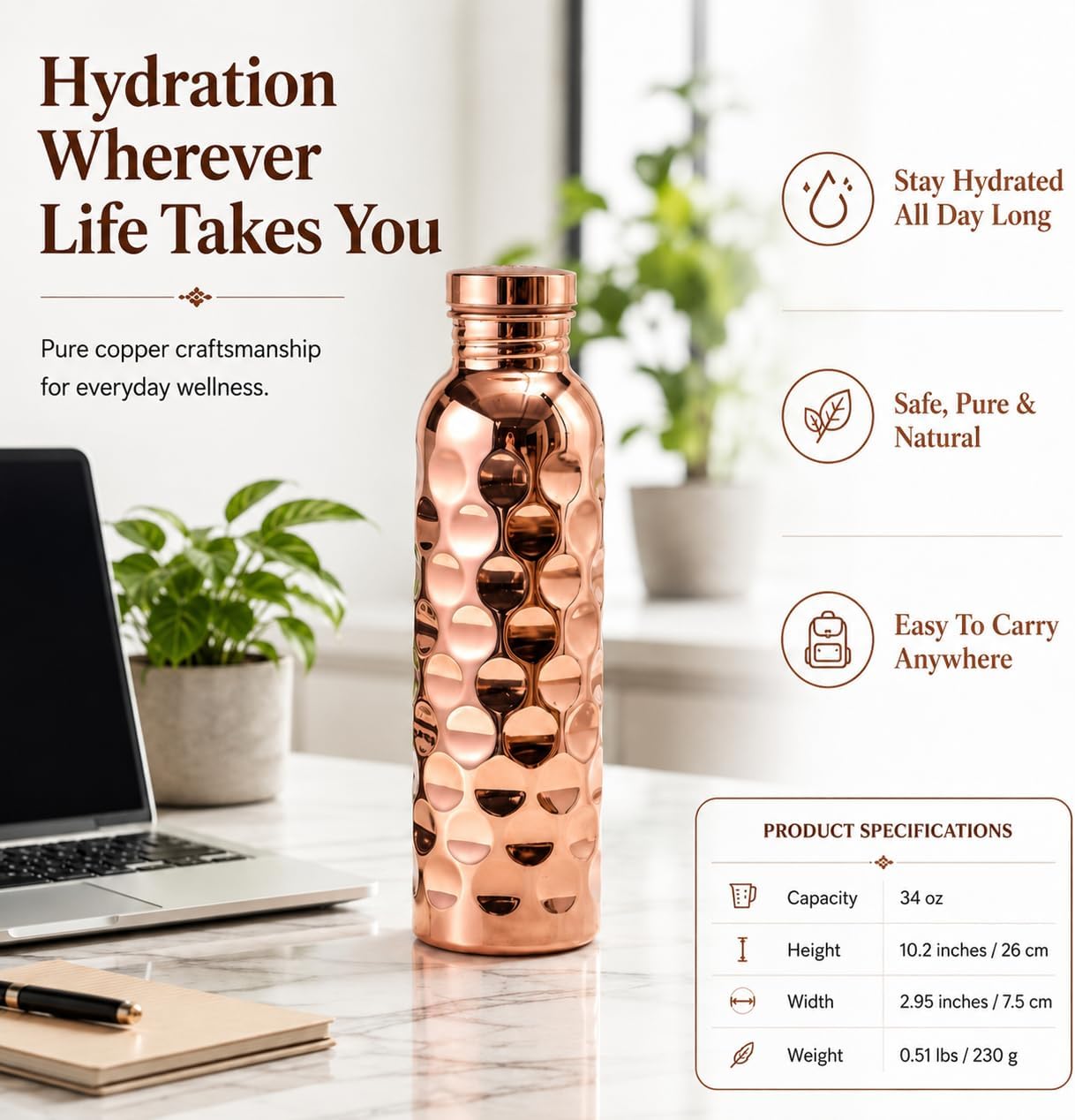 Copper-Plated Water Bottle, 34 oz, Leak-Proof image 4