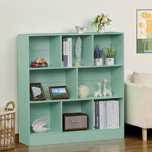 Miniatura 247 de LEYAOYAO Estantería de 10 cubos, estantería ancha moderna de 3 niveles con patas, estantería de madera de mediados de siglo, estuche grande rosa,