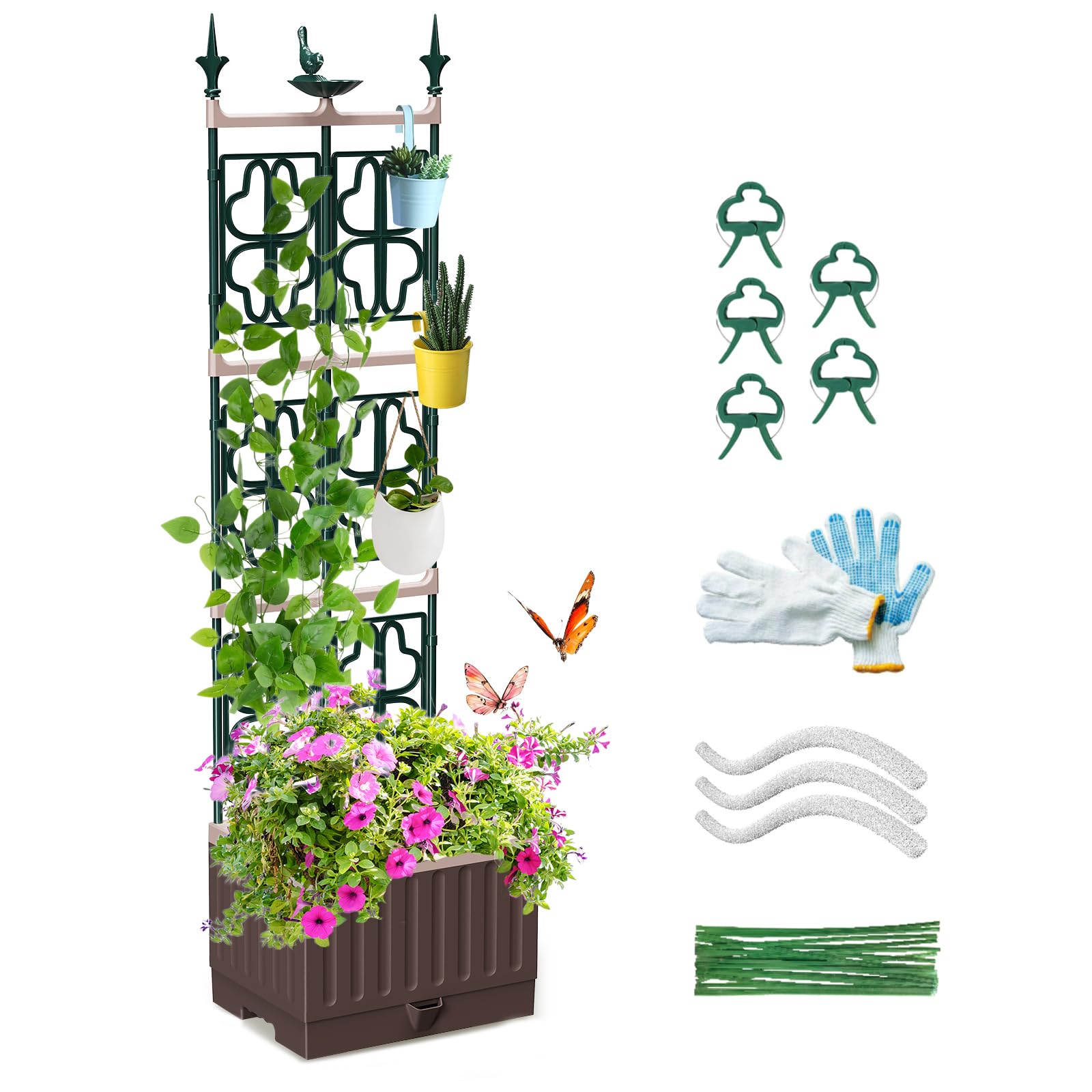 MQJIAZHI Raised Garden Bed with Metal Trellis,142CM Self-Watering Raised Garden Planter, Outdoor Plant Planter with Trellis for Climbing Plants, Flowers, Vegetables