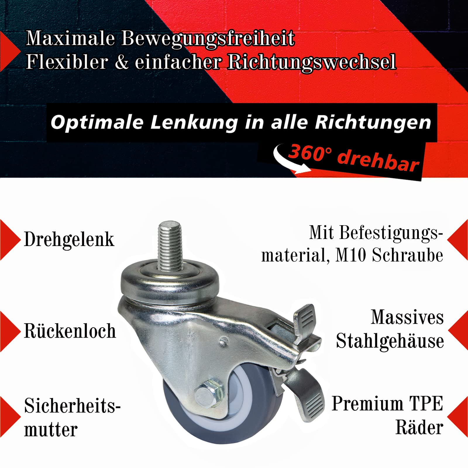 Rückenloch Doppelrollen Transport Lenk Rollen 4 X 50mm Br-Le BS