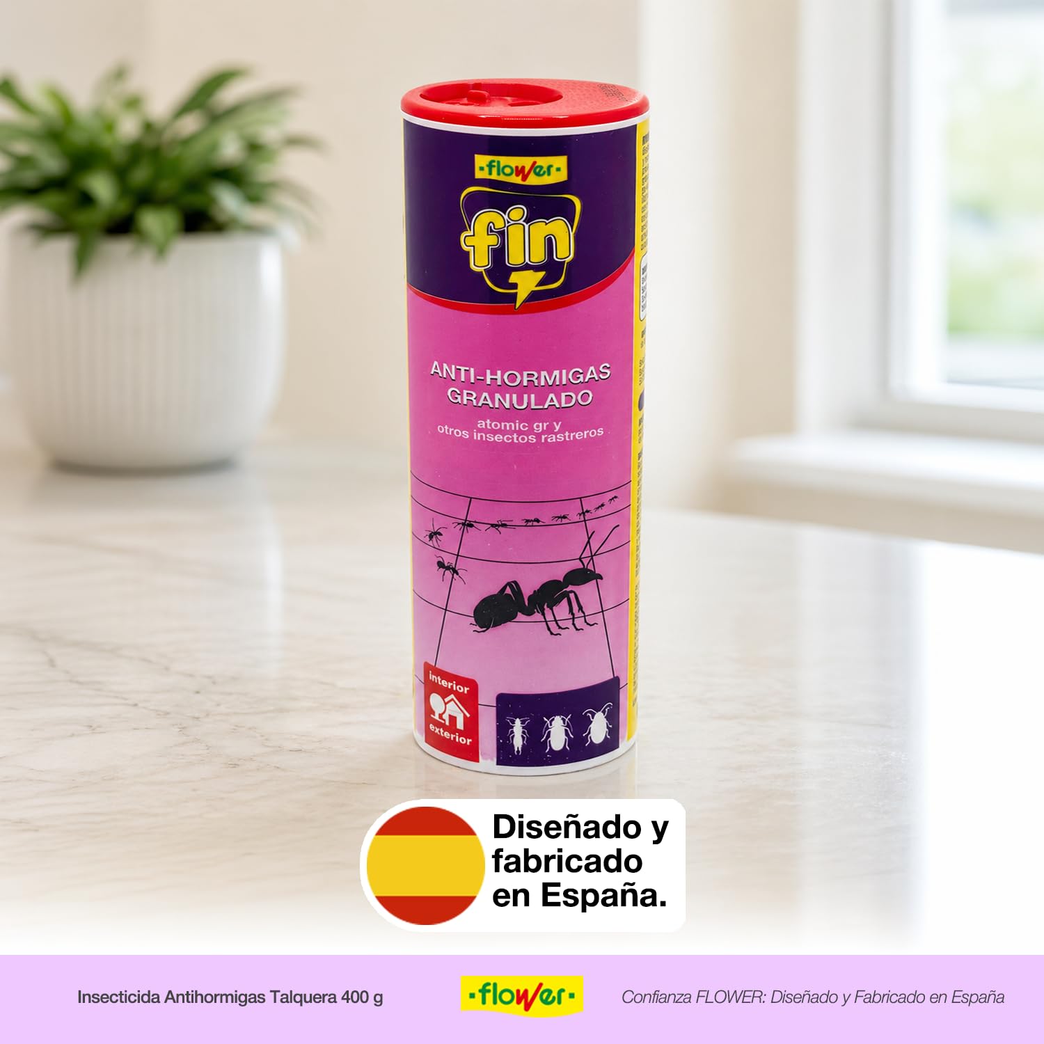 Flower - Insecticida Antihormigas Talquera 400 g | Antihormigas Granulado | Gran Eficacia | Control de Hormigas e Insectos Rastreros | Interior y Exterior | Fácil Aplicación | Listo para Usar
