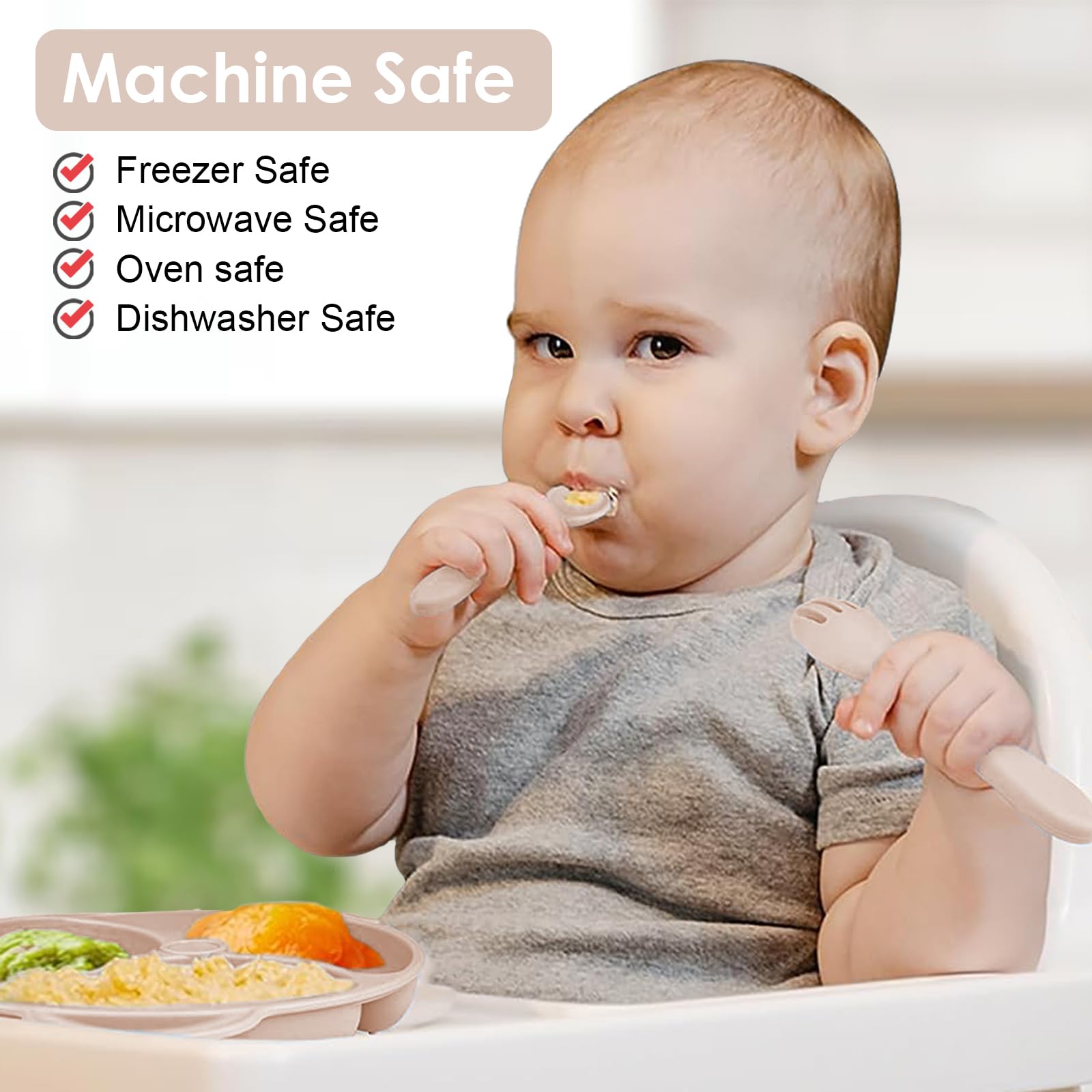 14 pièces Coffret Repas Bebe Silicone, Assiette bebe Set avec Ventouse Assiette Bol Fourche Cuillère Bavoir et Tasse, Enfant Set Couverts Vaisselle Pour Sevrage Manger (Beige)