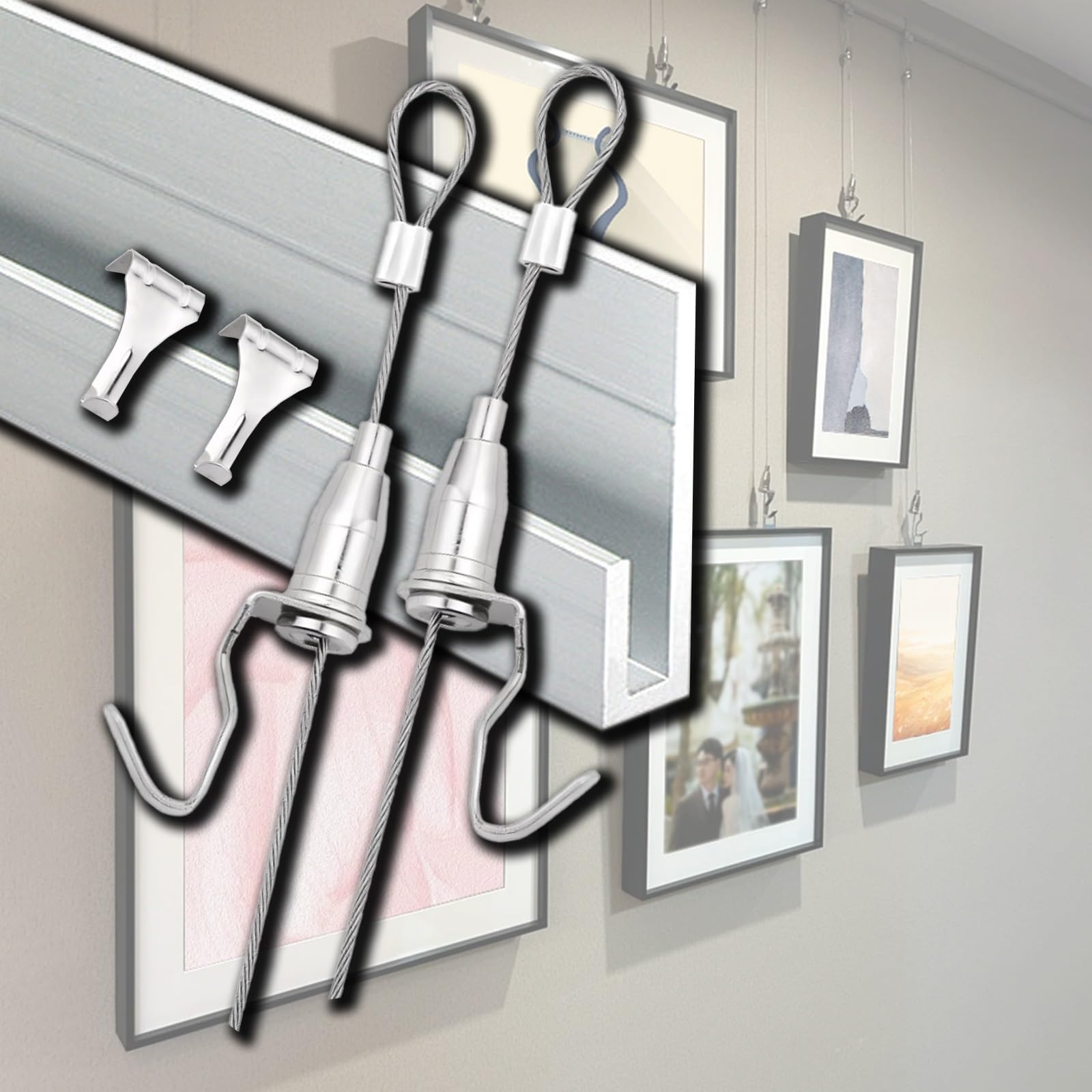 Cimaise Pour Tableau Kit de suspension réglable pour cadres photo 100, 115, 140, 150, 165 cm, pour suspendre miroirs, affiches, tableaux et photographies, rail fixe robuste avec(A Rail 65''/165cm,Cabl