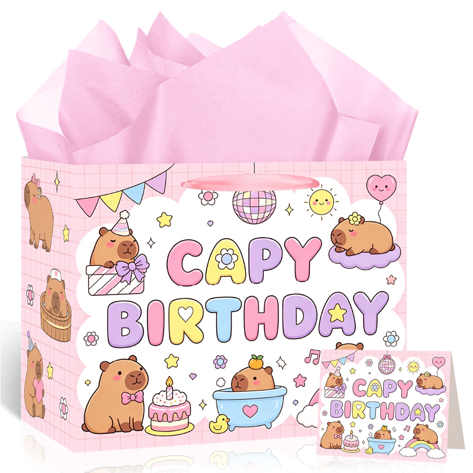 Large Capybara Birthday Gift Bag,Carnival Capybara Wrapping Paper Bag Yellow Capybara Party Decoration Gift Bag with Tissue Paper and Greeting Card (Spa Capybara)