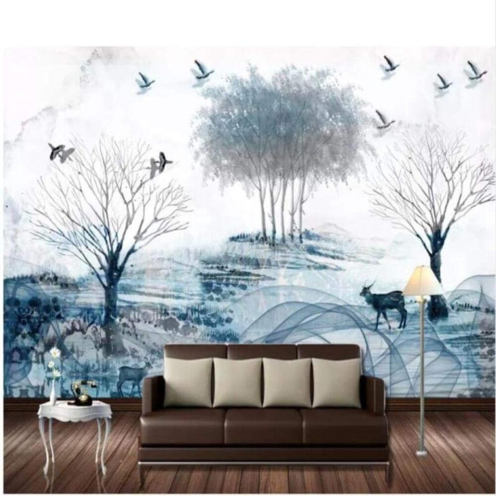 Papel pintado de comedor con diseño de ciervos y árbol grande