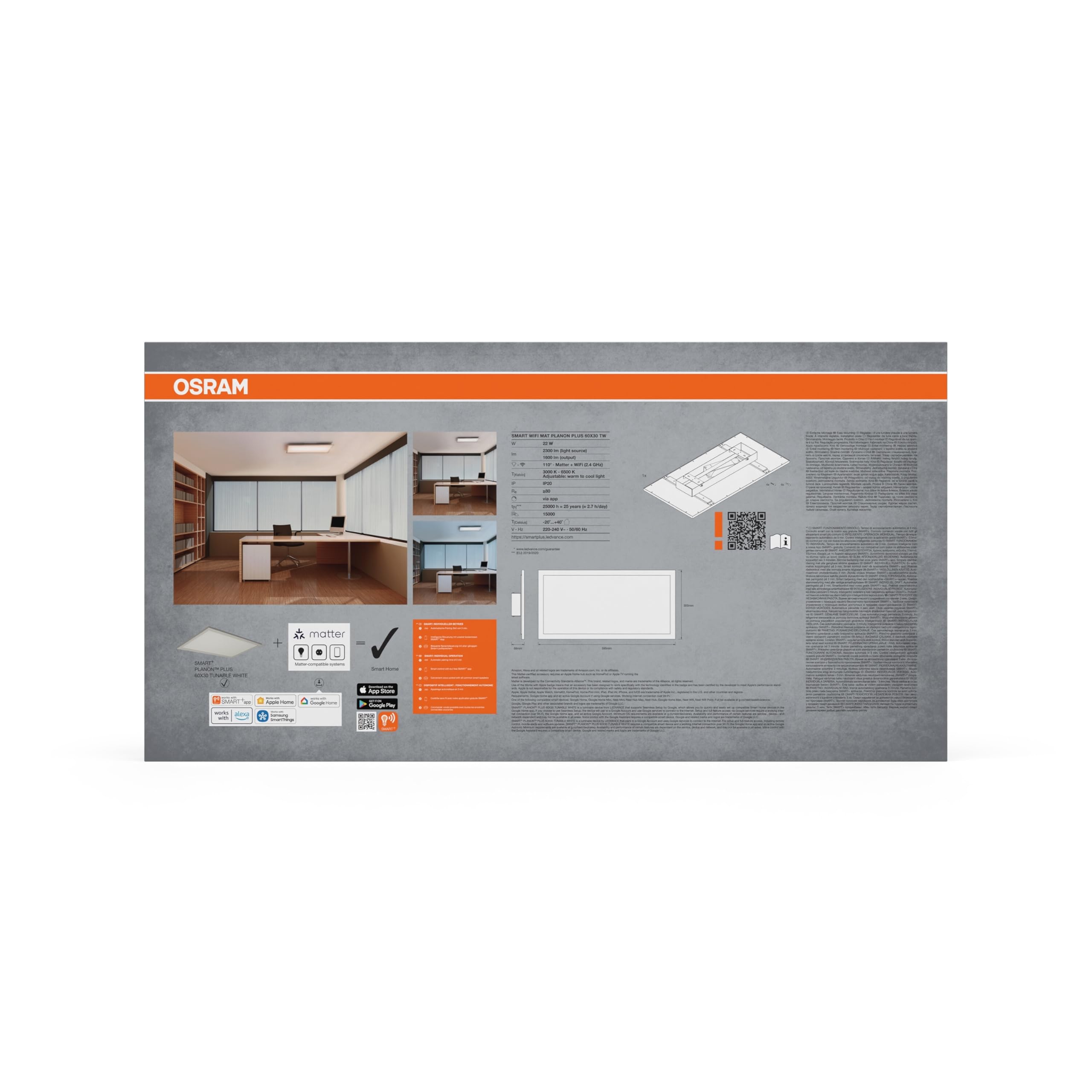 OSRAM SMART+ Matter PLANON PLUS PANEL LED ZMIENNA BIEL, 600x300mm, 22W, 1600lm, 3000-6500K, Matter WLAN | SMART+ MATTER Planon Plus Tunable White, oświetlenie ścienne do wnętrz, białe, 25000 h, opakowanie 1 szt