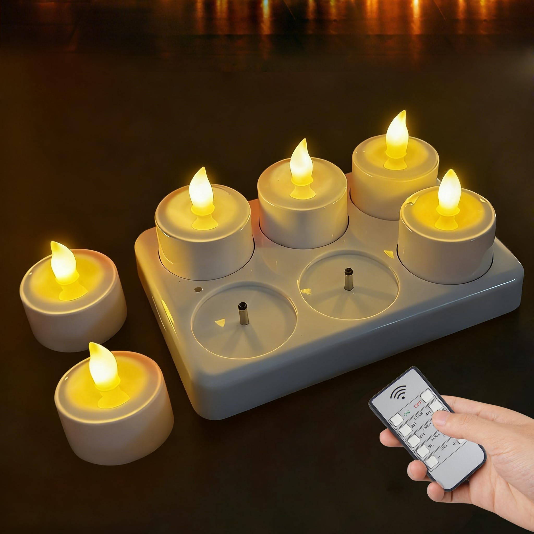 Xndryan LED Teelichter Wiederaufladbar, 6 LED Kerzen Teelichter mit Fernbedienung und Ladestation, Flammenlose Flackernd Dimmbar Aufladbare Teelichter für Party Weihnachten Halloween Deko