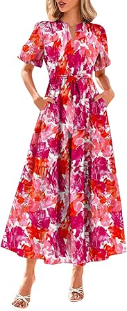 TIAFORD Women's Floral Print V-Neck Maxi Dress - Boho Summer Beach Dress With Flutter Sleeves