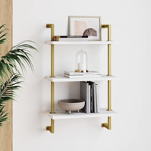Vista 19 de Nathan James Theo 4-Shelf Bookcase, Floating Wall Mount Shelves with Natural Wood and Industrial Pipe Metal Frame, Nutmeg/Black