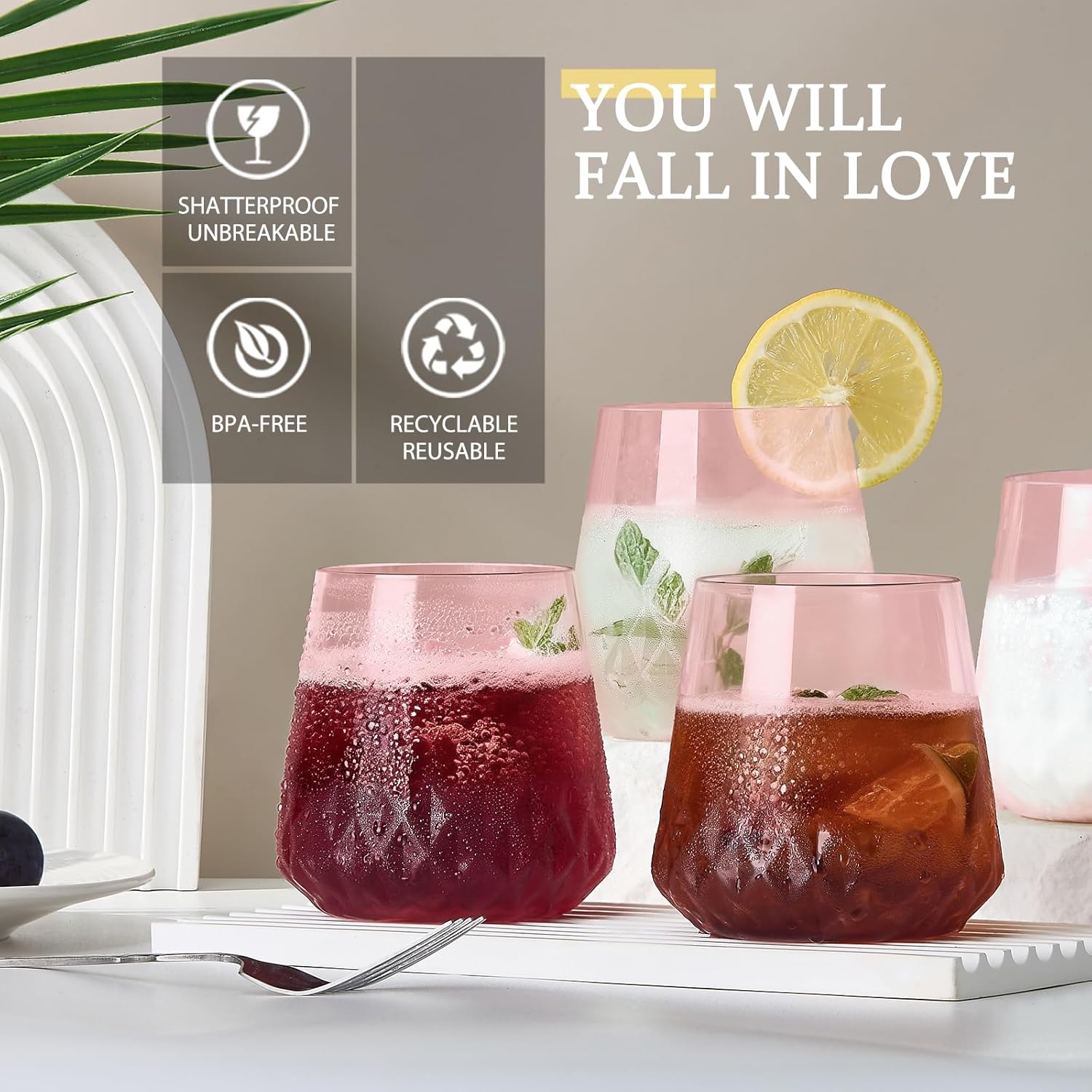 40 Pack Rhombus Plastic Wine Glasses,Heavy Duty Disposable Wine Champagne Whiskey Glasses Unbreakable Clear Plastic Cocktail Glasses for Party Wedding Birthday (Pink-Rhombus-13.5oz) - Image 4