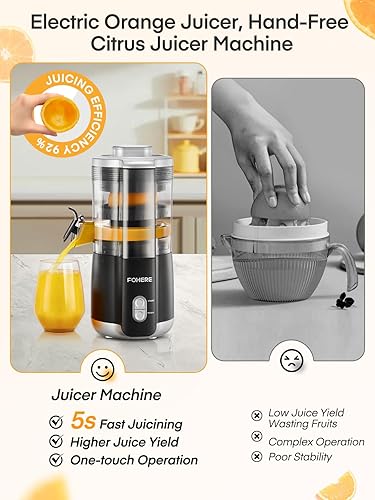 Miniatura 6 de FOHERE Exprimidor eléctrico de cítricos, máquina exprimidora de naranja manos libres con 2 conos intercambiables, exprimidor automático de jugo para