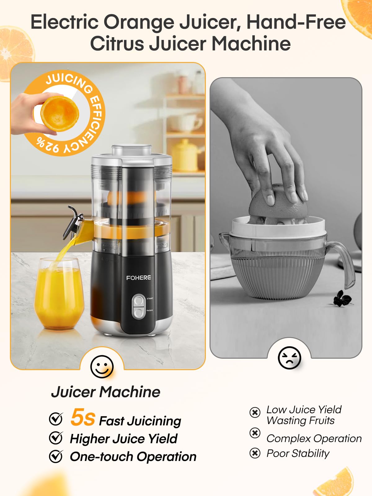 FOHERE Presse Agrumes Automatique Electrique Sans BPA, 2 Cônes Interchangeables, Puissant Moteur Silencieux de 100 W, Bec Anti-gouttes, Jus de Fruit Frais Rapide