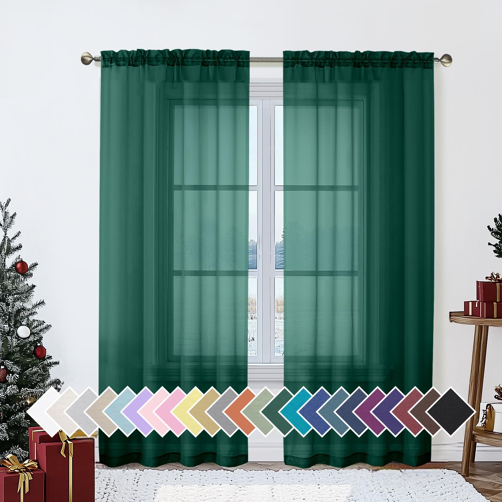 Aiyufeng Hunter Green Sheer Curtain Drapes 72 Inch Length 2 Panels for Living Room Light Filtering Voile Green Drapes for Bedroom Patio