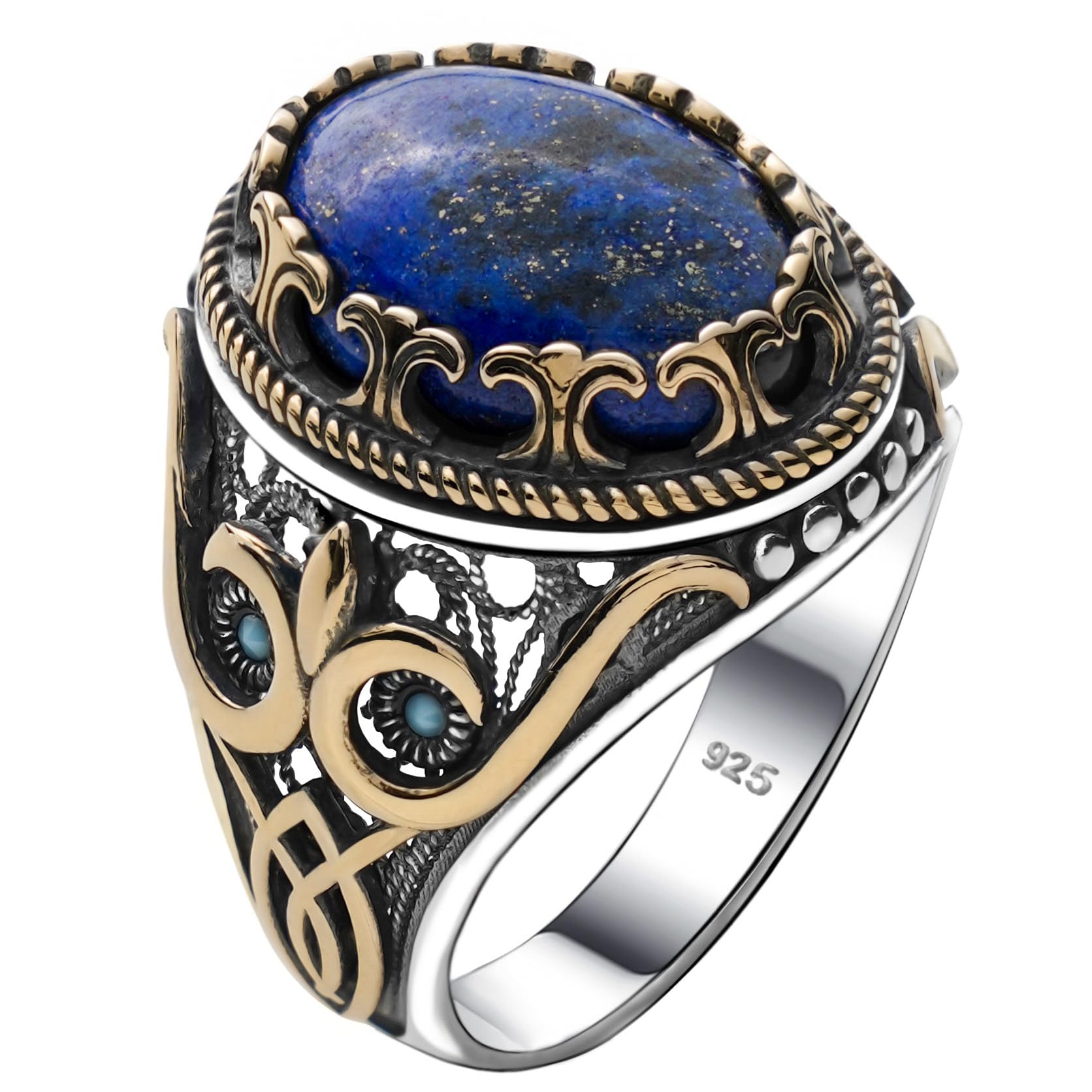 Genuine Solid 925 Sterling Silver Accented with Bronze, Natural or Simulated Gemstone, Authentic Vintage Turkish Ottoman Style Ring for Men