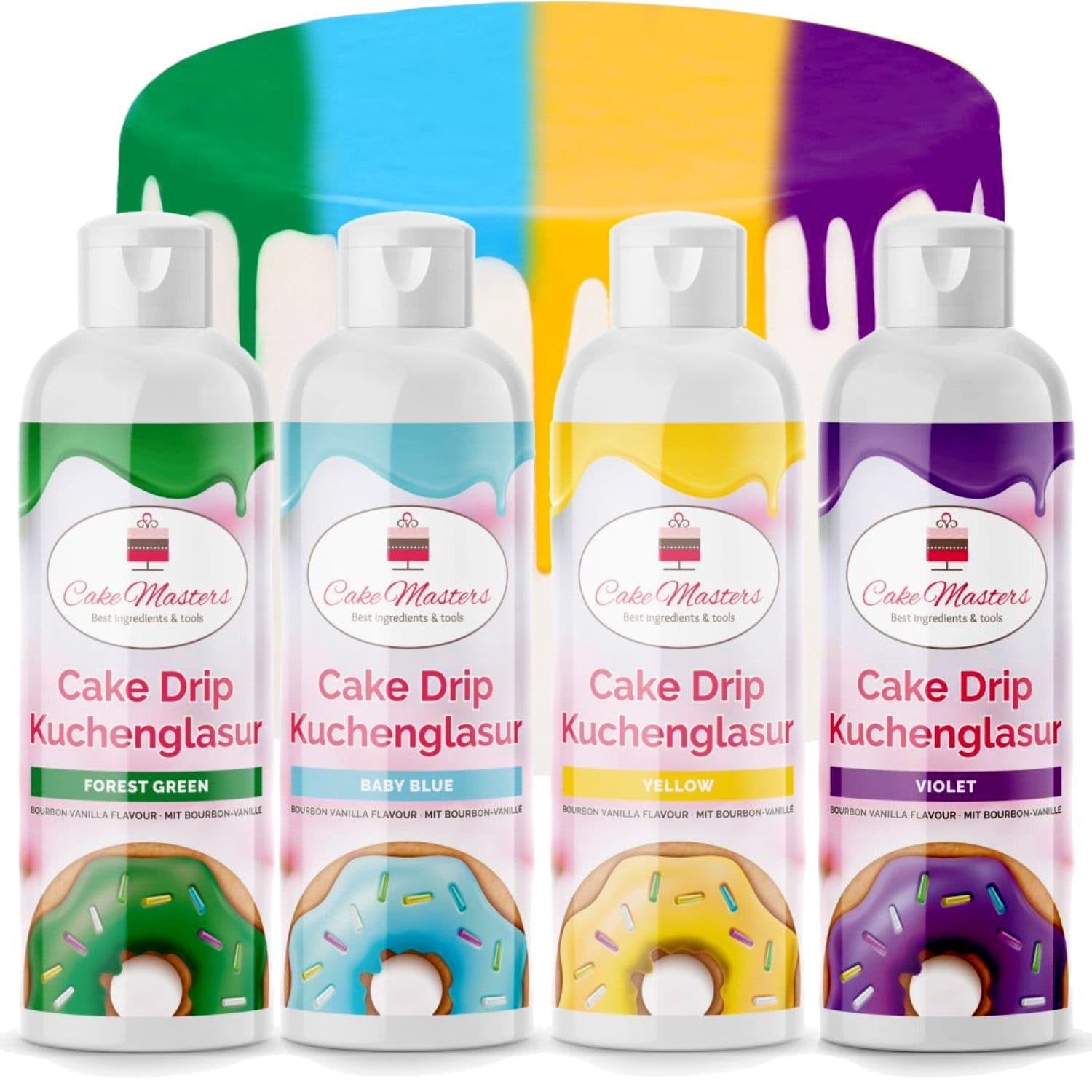 AOS Set | Cake Drip Candy & Fun 4er Set 4x 250g | Grün, Hellblau, Gelb, Lila | Vanille Geschmack | perfekt für Glasuren von Kuchen, Cupcakes, Kekse | wiederverschließbare Qutschflaschen