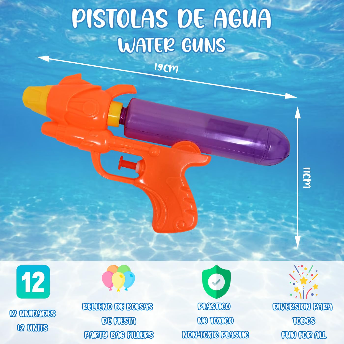 Pack de 12 Pistolas de Agua para Niños 19cm, Juego de Pistolas de Agua de Plástico, Recargables, Juguetes para Verano, Cumpleaños, Bolsas de Fiesta, Piscina, Playa y al Aire Libre